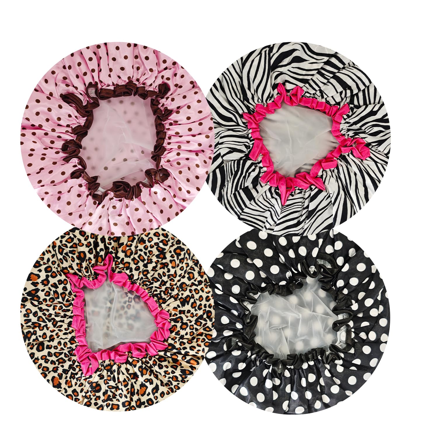 4 PCS Shower Caps for Women Elastic Shower Bonnet Reusable Satin EVA Double Layer Waterproof Bath Cap (Leopard)
