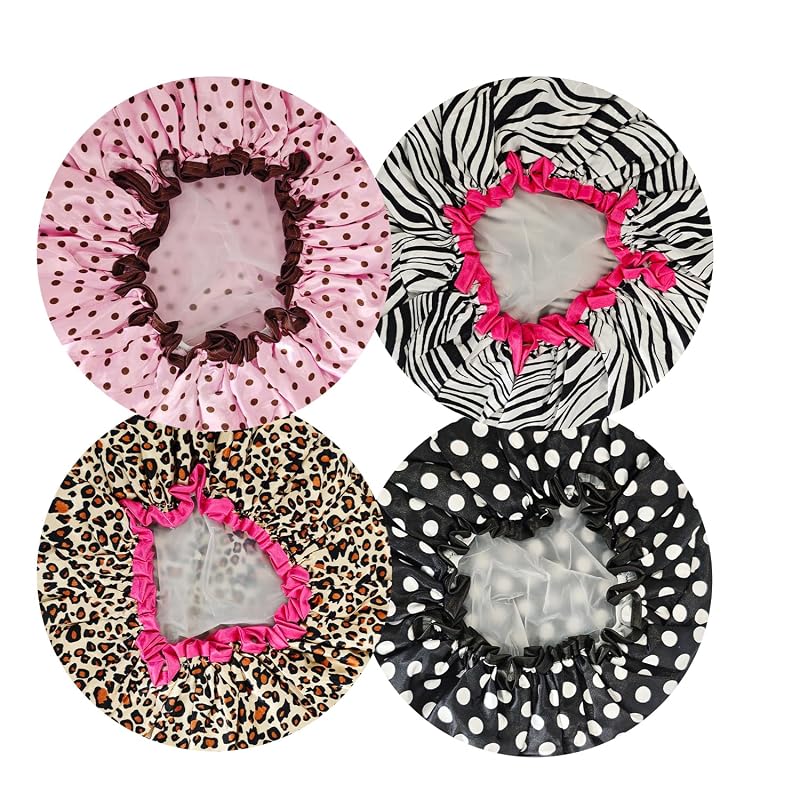 OHOO Touca de banho dupla camada com cetim e EVA, estampa leopardo, Pacote com 4