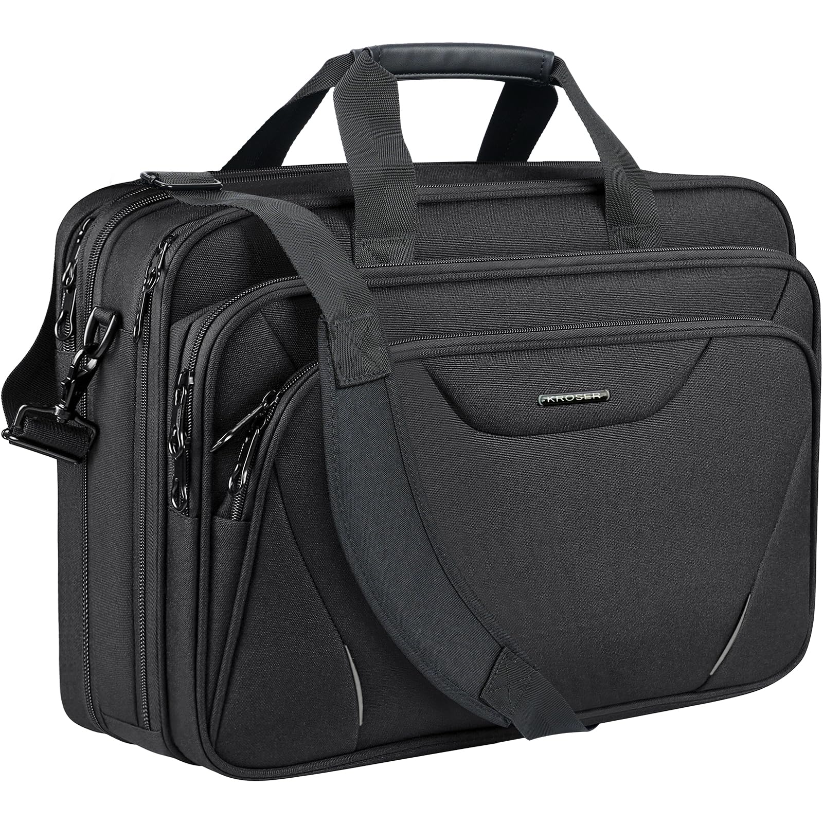 KROSER 17.3 Inch Laptop Computer Briefcase, Water-Repellent Messenger Bag | Expandable design, padded laptop compartment,shoulder strap and luggage strap for business, travel, men and women-Black/Grey