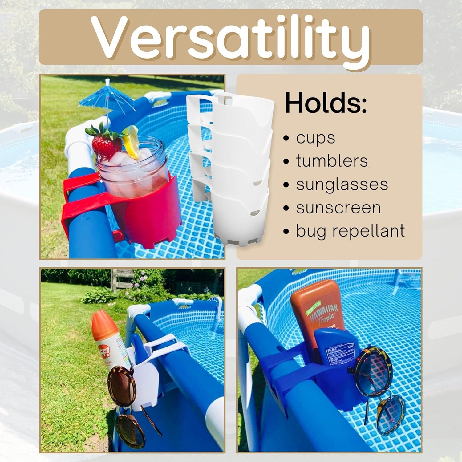 Pool Cup Holder for Above Ground Pools - Storage Theory Clip-On Drink Holder Caddy for Intex & Inflatable Pools - Fits Round Rails 2" - Phone & Accessory Organizer - Blue, 4 Pack