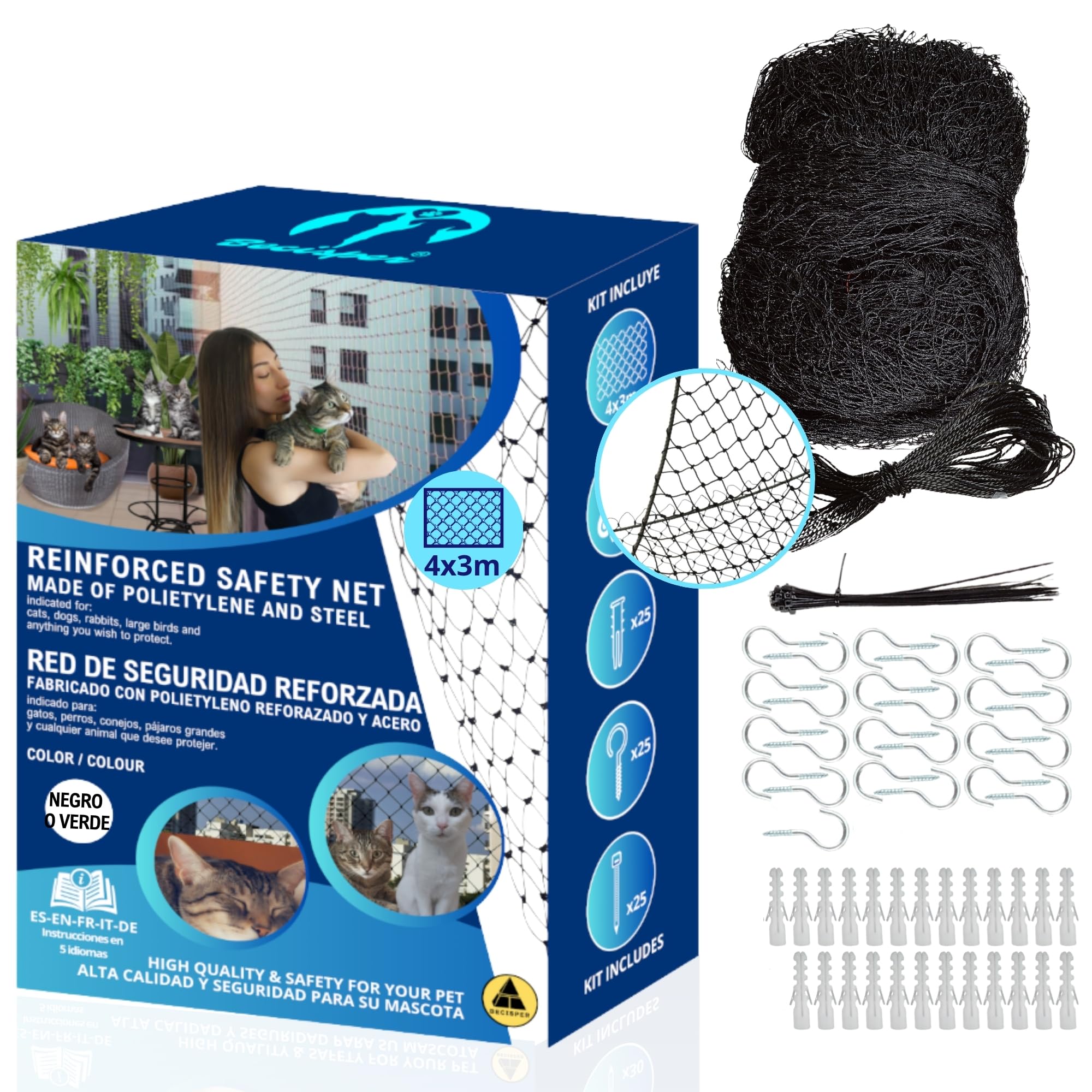 Filet pour Chats Renforcé - Disponible en 2 Tailles et Couleurs au Choix - Filet pour Chats Terrasse - Filet pour Chats Fenêtre - Filet de Sécurité pour Chats et Enfants (Noir, 4X3M)