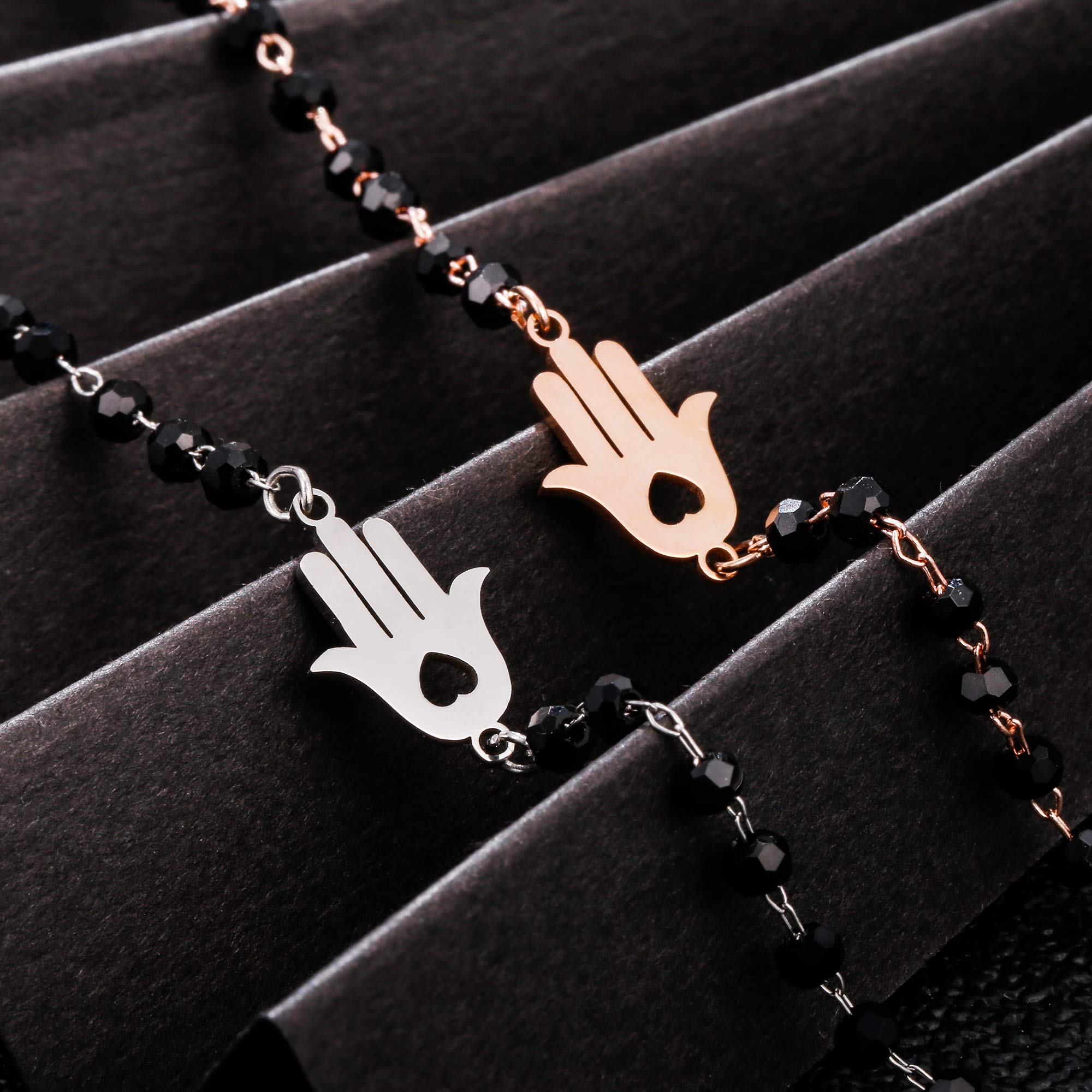 pengjin-Bracciale con ciondolo a quadrifoglio portafortuna, in acciaio inox, con perline nere, semplice braccialetto portafortuna