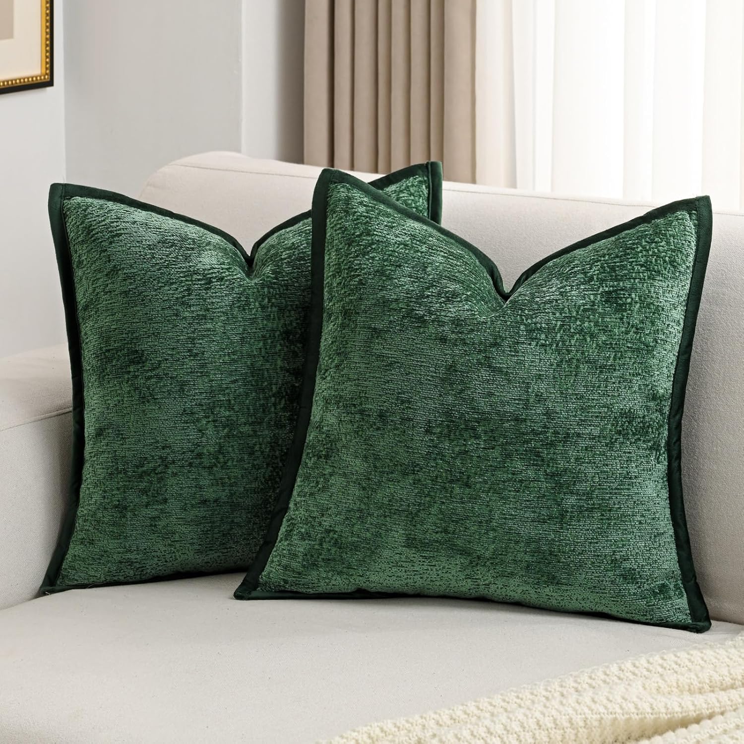 FUTEI Dark Green Chenille Throw Pillow Covers 18x18 Inch Set of 2,Soft Cozy Bound Edge Design Cushion Case,Home Decor for Couch Bed Living Room