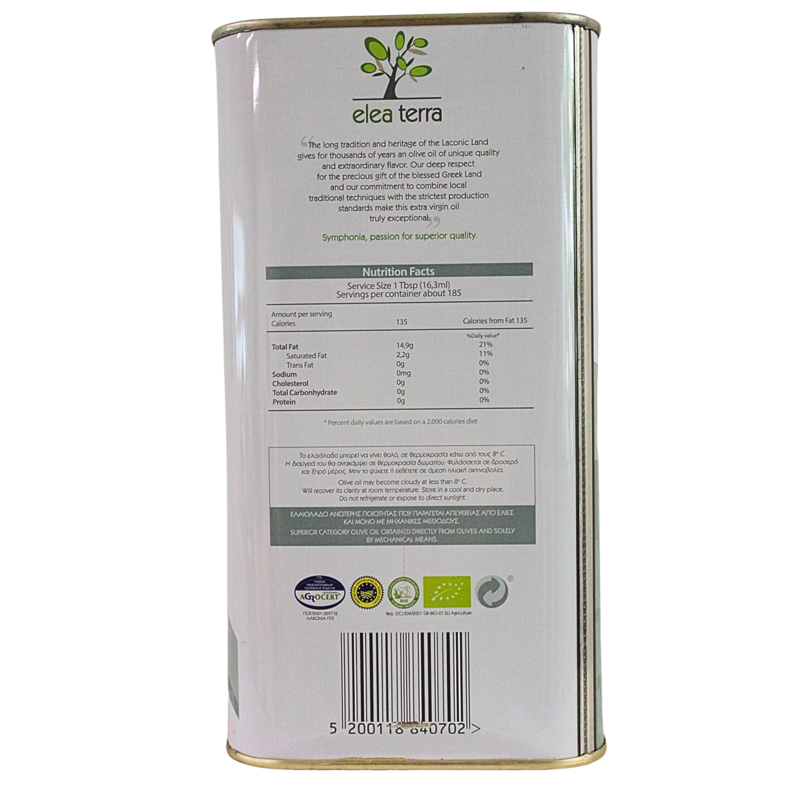 Elea Terra Premium Bio Olivenöl nativ extra, 3L Dose | kalt extrahiert,erste Kaltpressung, geschützte Herkunft aus Lakonien,Griechenland –für feine Küche & gesunde Mittelmeerdiät