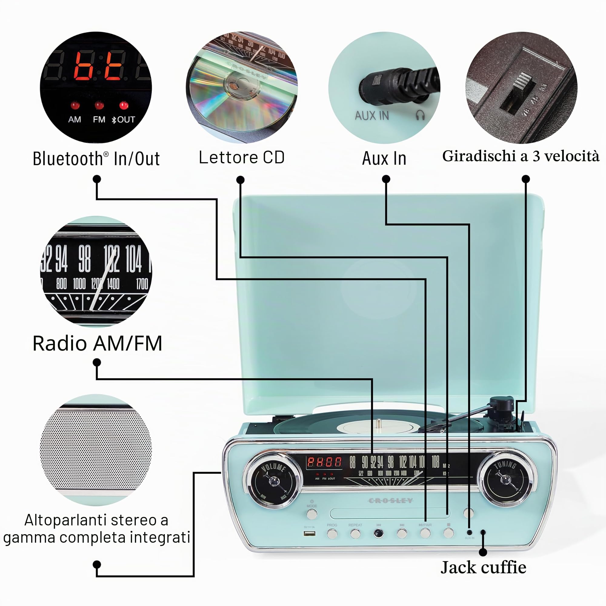 Crosley Powel - Giradischi 7 in 1 con altoparlanti e lettore CD, design vintage con Bluetooth, sistema di intrattenimento con radio AM/FM, stile retrò Aqua per musica in vinile, digitale e wireless