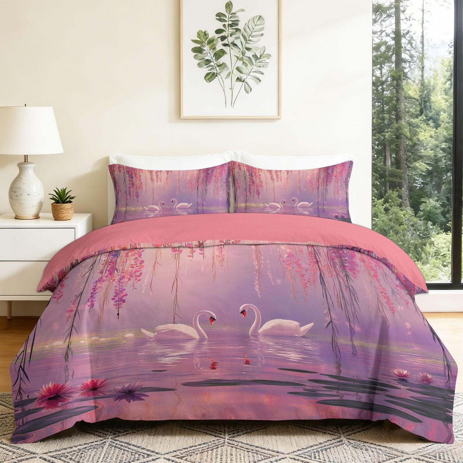 Parure de Lit 240x260 cm Rose Imprimé Vignes et Cygne en Tissu Doux Haute Densité