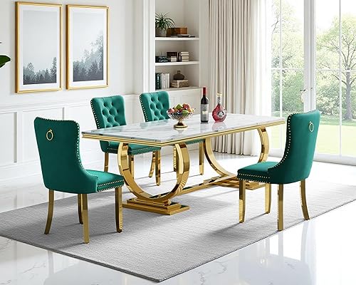 Miniatura 20 de Juego de mesa de comedor de 7 piezas, color blanco y plateado, mesa de cocina moderna de mármol sintético de 68 pulgadas con 6 sillas tapizadas Mesa