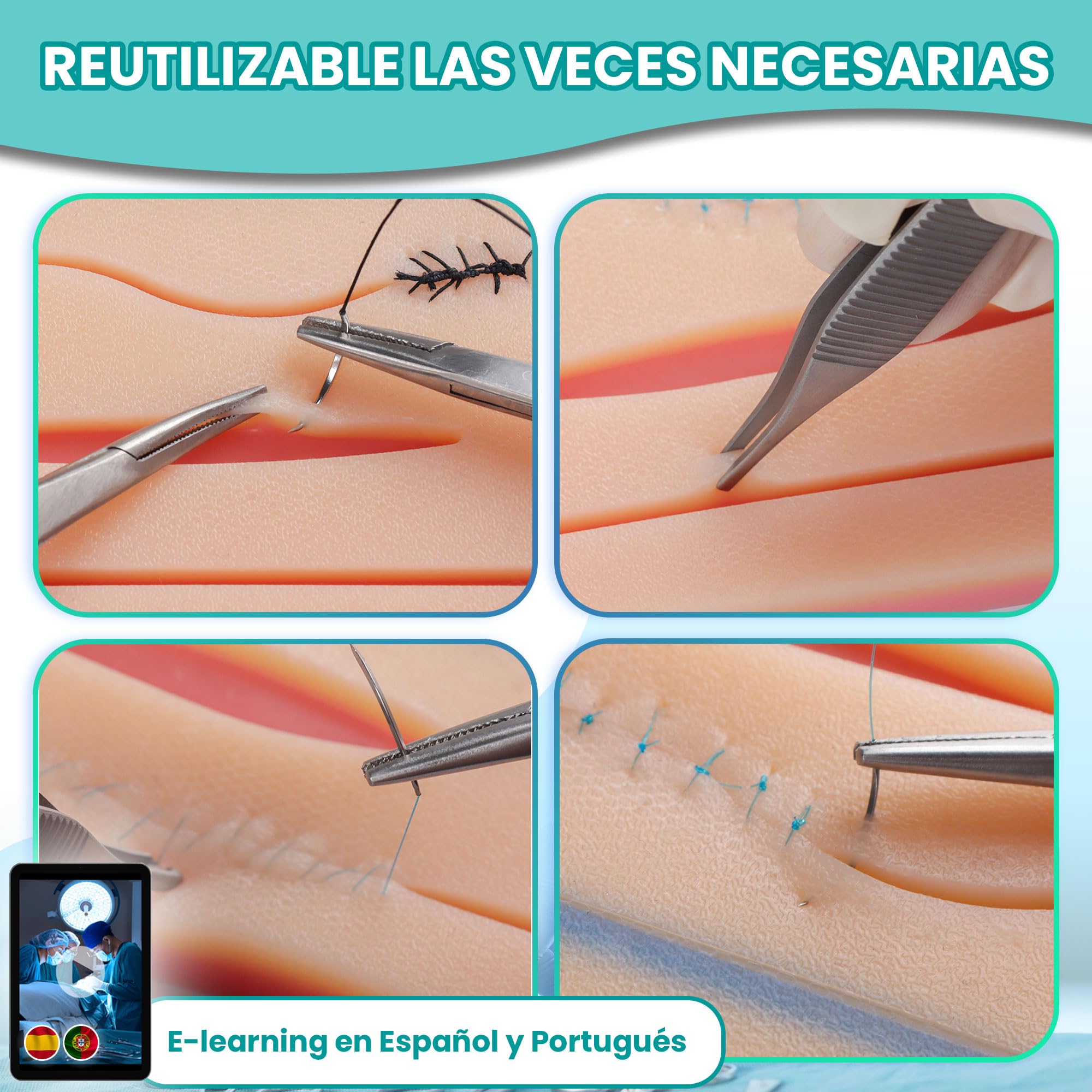 Kit sutura con almohadilla Extra Larga con zona de corte libre - Kit de sutura quirurgica con instrumental completo, para practicar suturas quirurgicas, kit practica sutura