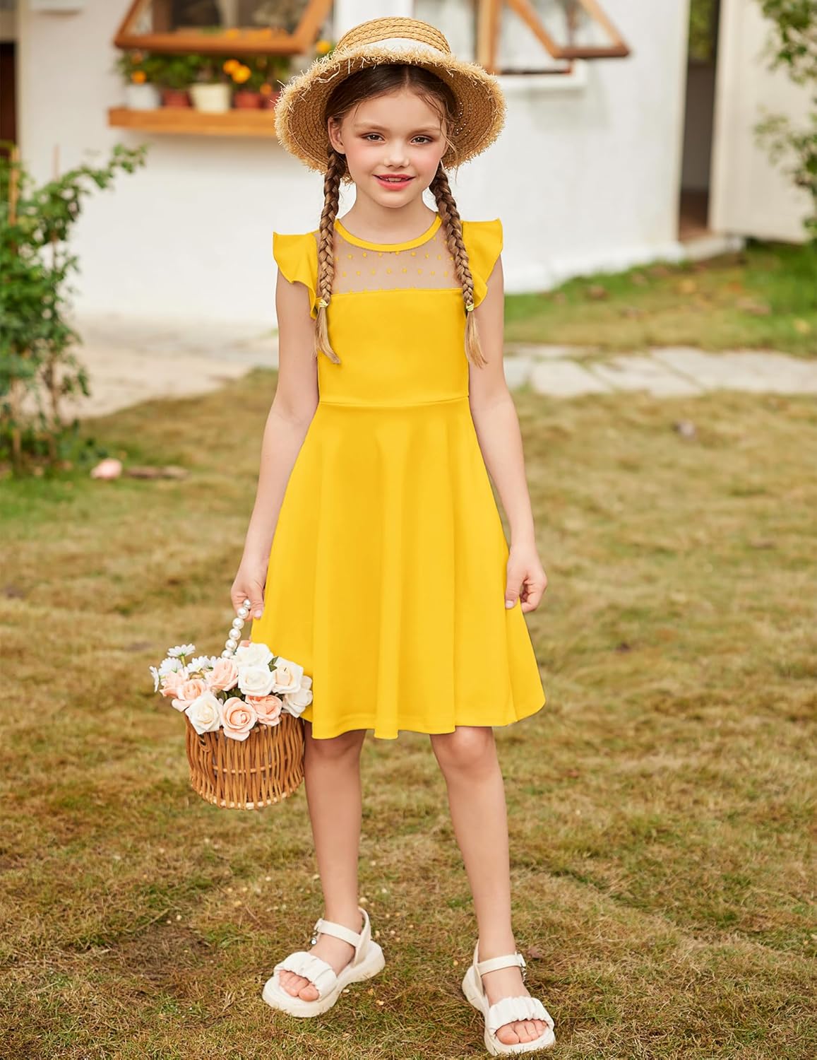 Arshiner Girls Dress Summer Ruffle Sleeve Mesh A Line Casual Party Dresses with Pockets - Image 4
