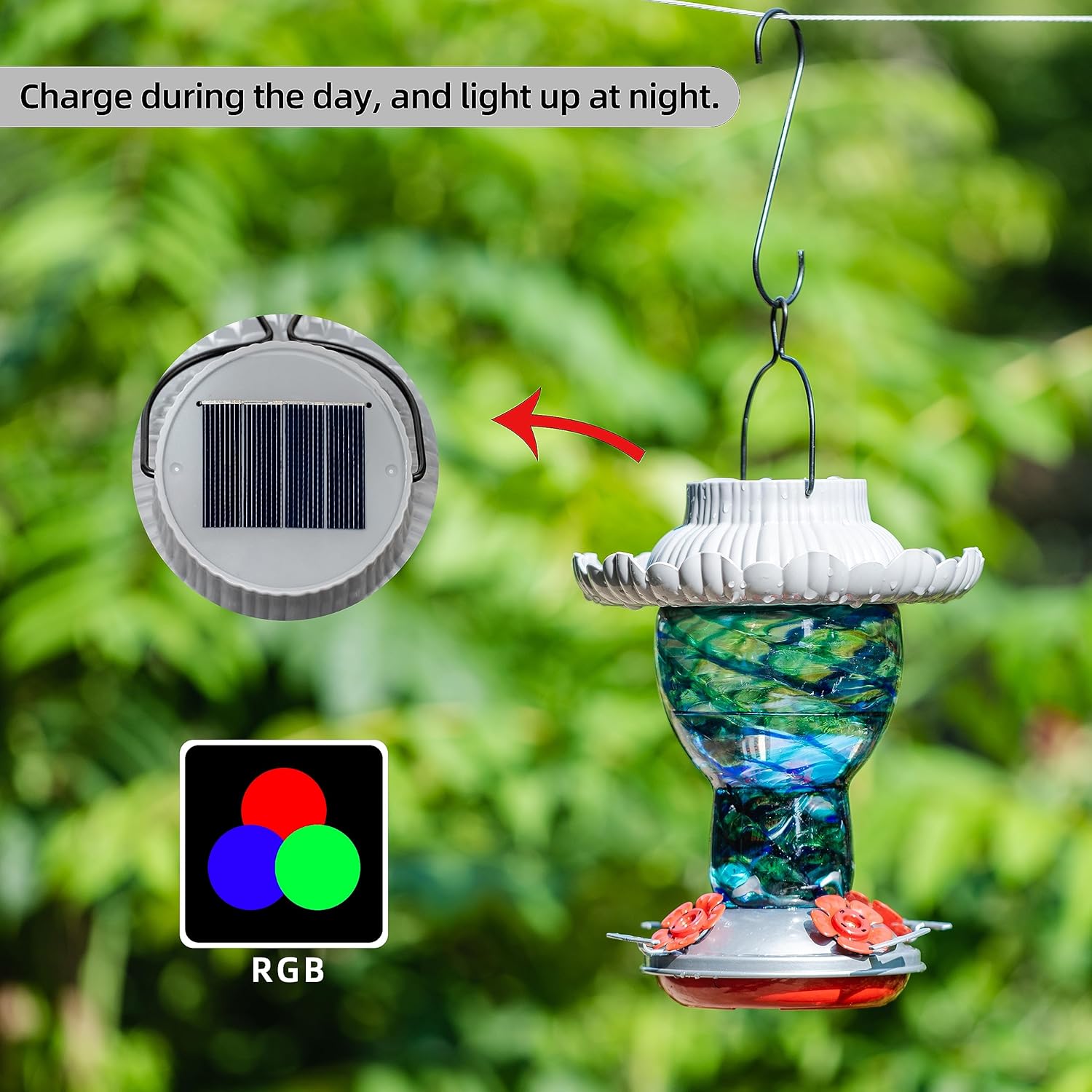 Solar Hummingbird Feeder for Outdoors Hanging Ant and Bee Proof, 25oz Color Changing Light Hand Blown Glass, Leakproof Garden Decor, Gitfs for Bird Lover (Blue)