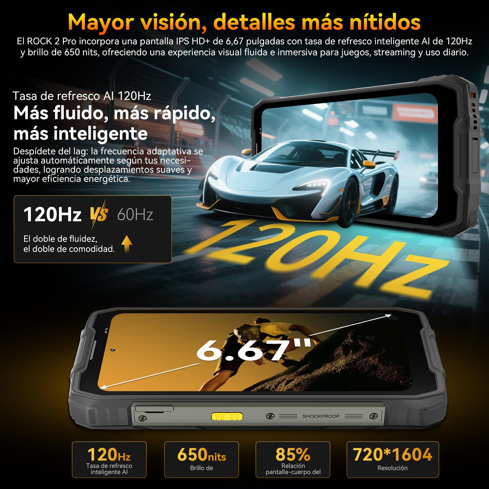 Blackview Rock 2 Pro Movil Irrompible, Android 16 Movil Indestructible 5G 32GB+256GB, 6.67" HD+ Display 120Hz 15000mAh IP69K Móvil Rugerizado, 16MP AI Kamera, NFC/OTG/GPS/Gemini AI/Glove Mode 2.0