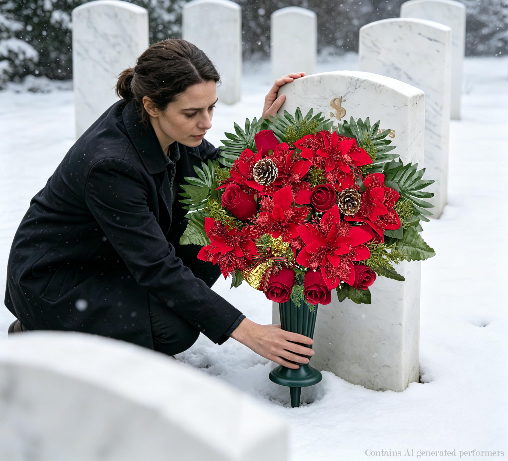 Fleur de tombe artificielle pour cimetière, poinsettia de Noël décorative pour pierre tombale, facile à installer