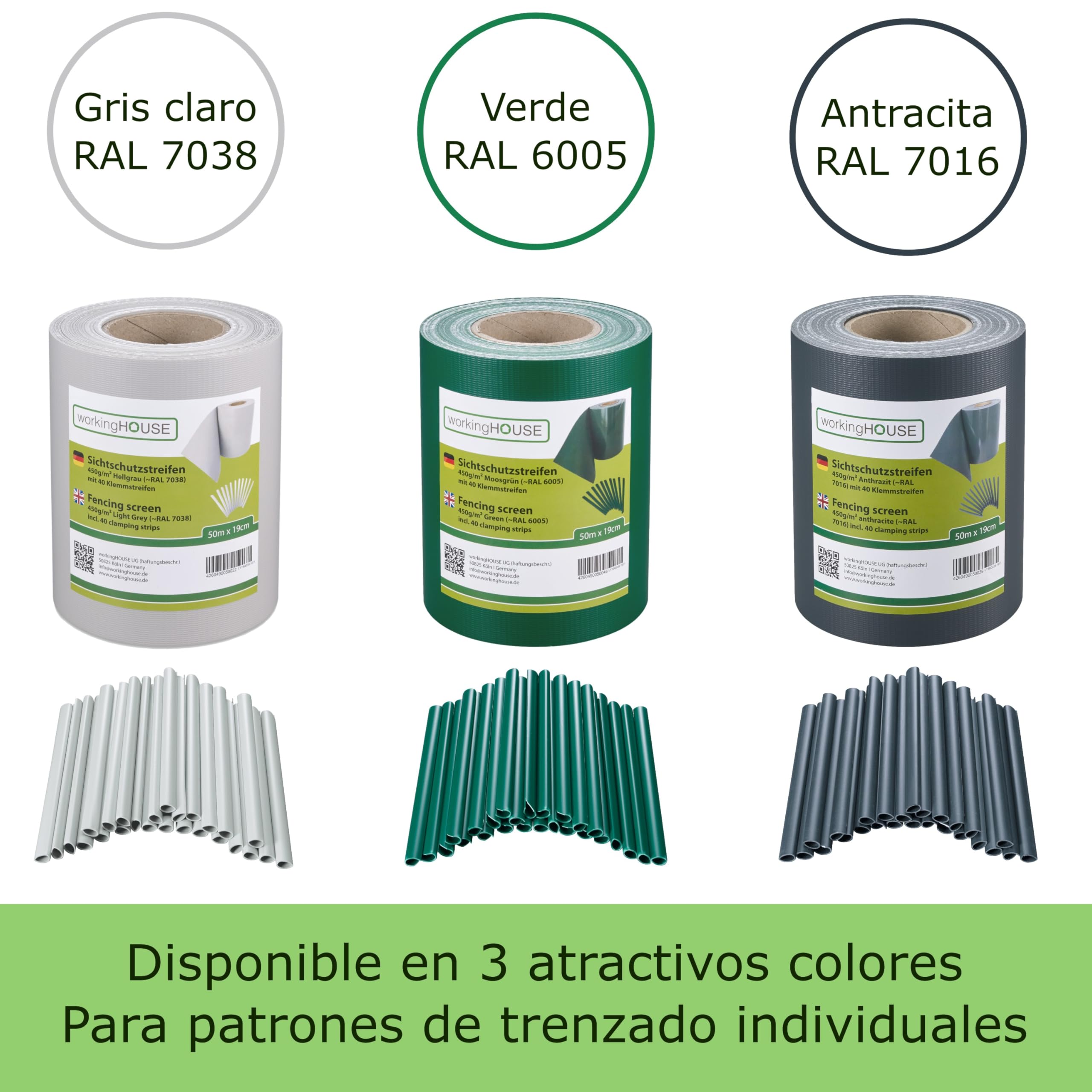 Workinghouse ViewProtect Valla para el Jardín PVC de Primera Calidad - Rollo Aislante para balcones y jardines 50m x 19 cm 450gsm de Grosor, Incluye 40 Tiras de Sujeción (Gris Oscuro)