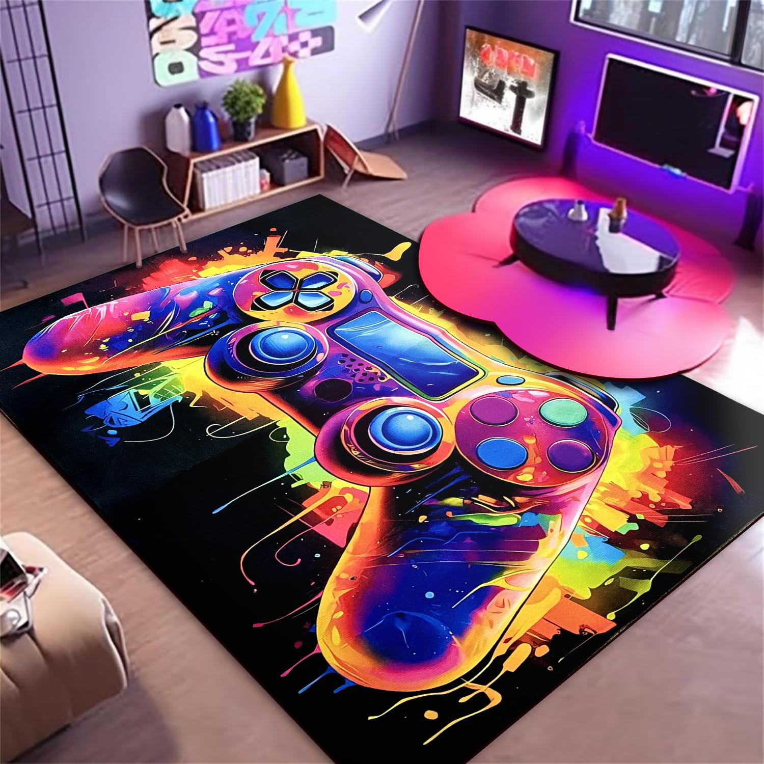 Funvalley Surperfect Gaming Rug For Boys Bedroom,120x160cm 3D Colorful Game Gamepad Carpets,Game Controller Carpet For Living Room Playroom,Anti-Slip Washable Boys Room Decor Floor Mat