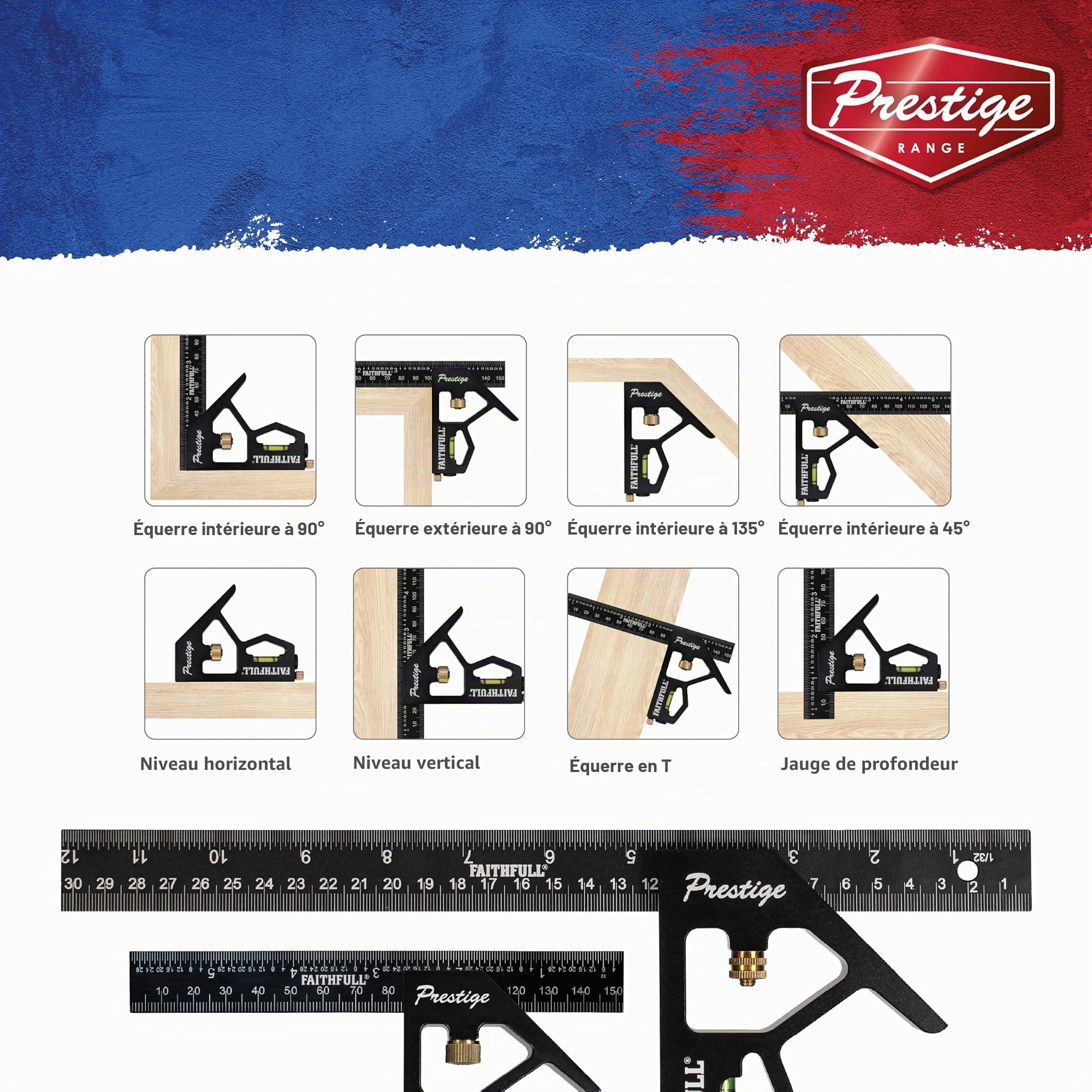 Équerre combinée Faithfull Prestige (lot de 2) en aluminium noir, 150 mm (6 po) et 300 mm (12 po) – Outil multifonction de mesure et de traçage avec niveau à bulle et pointe à tracer