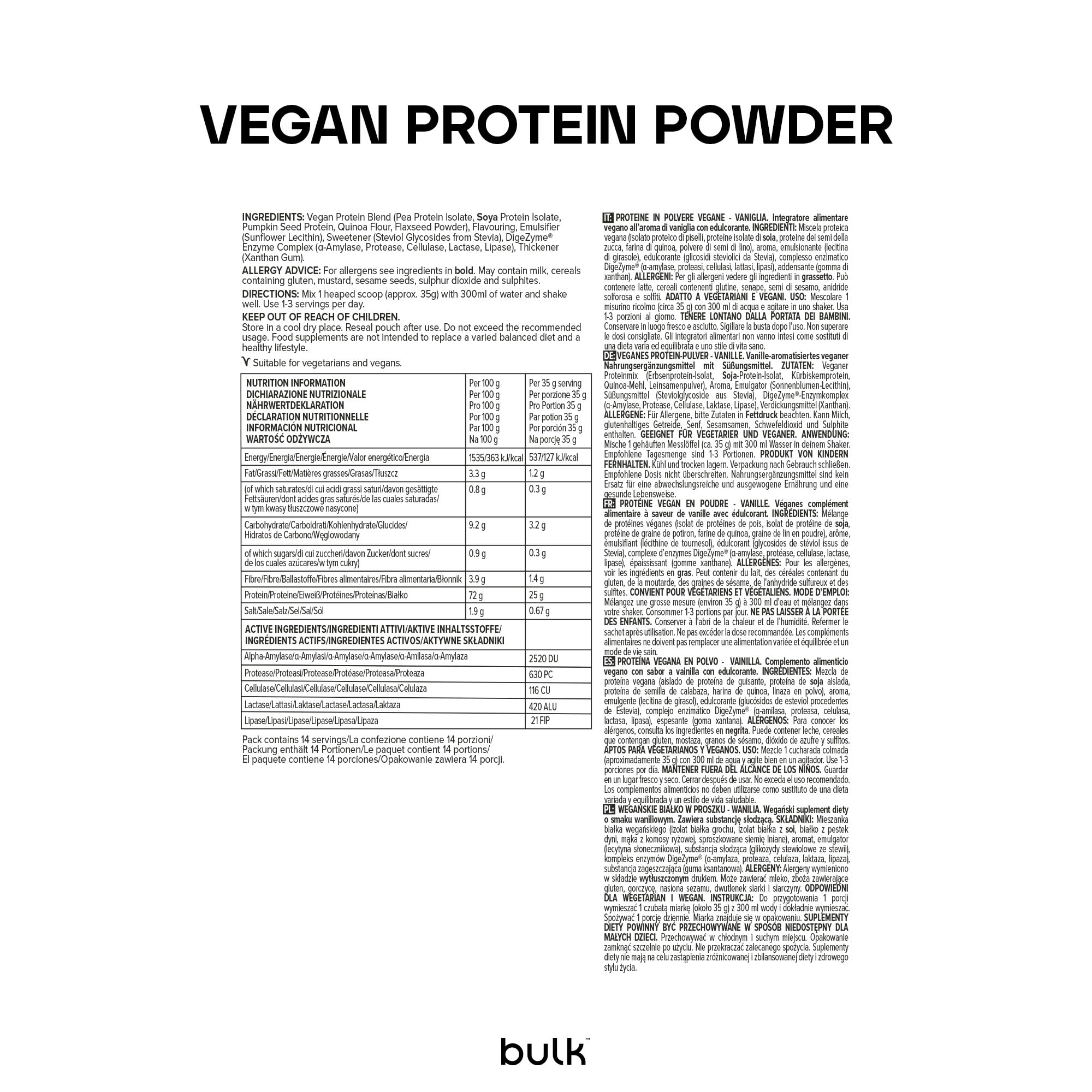 Bulk Proteine Vegane in Polvere, Frullato Proteico Vegetale, Vaniglia, 2.5 kg, Formula Nuova e Migliorata, 71 Porzioni, La Confezione Può Variare