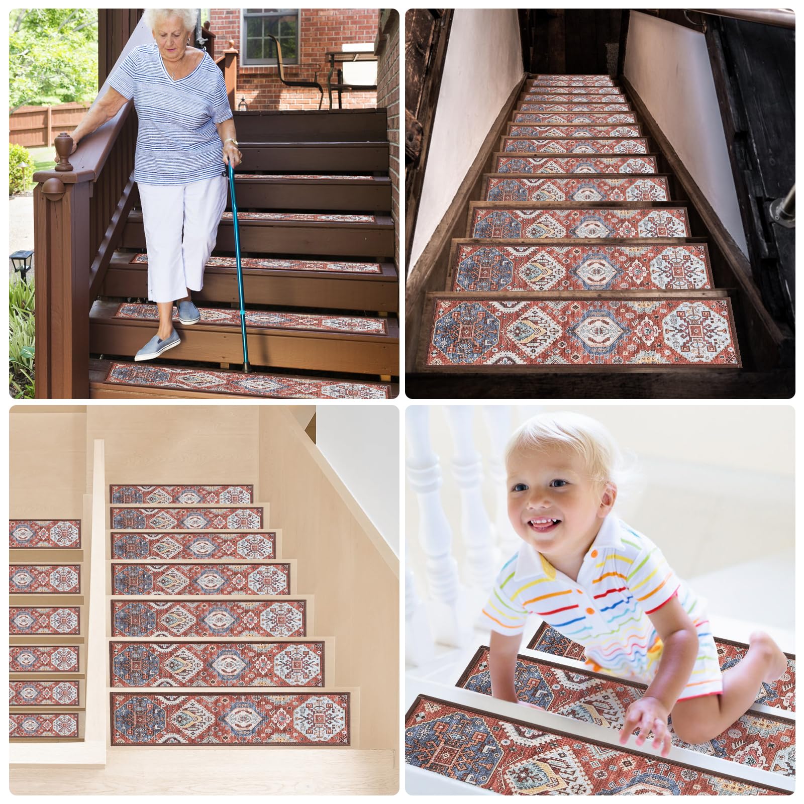 Non Slip Stair Treads for Wooden Steps 15 Pack, 8" X 30" Machine Washable Indoor Carpet Stair Treads, Stair Runner Carpet for Kids Elders and Pet(Red)