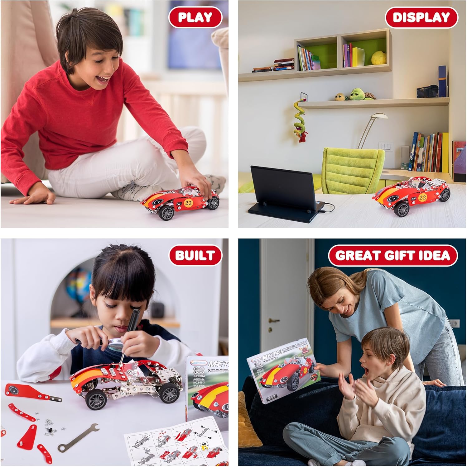 ArtCreativity Metal Model Car Building Kit - 230 PC 3D Car Model Kit - STEM Metal Car Building Kit for Boys - Red Vintage Toy Racecar with Moving Wheels - Build Your Own Car Kit for Kids with Tools