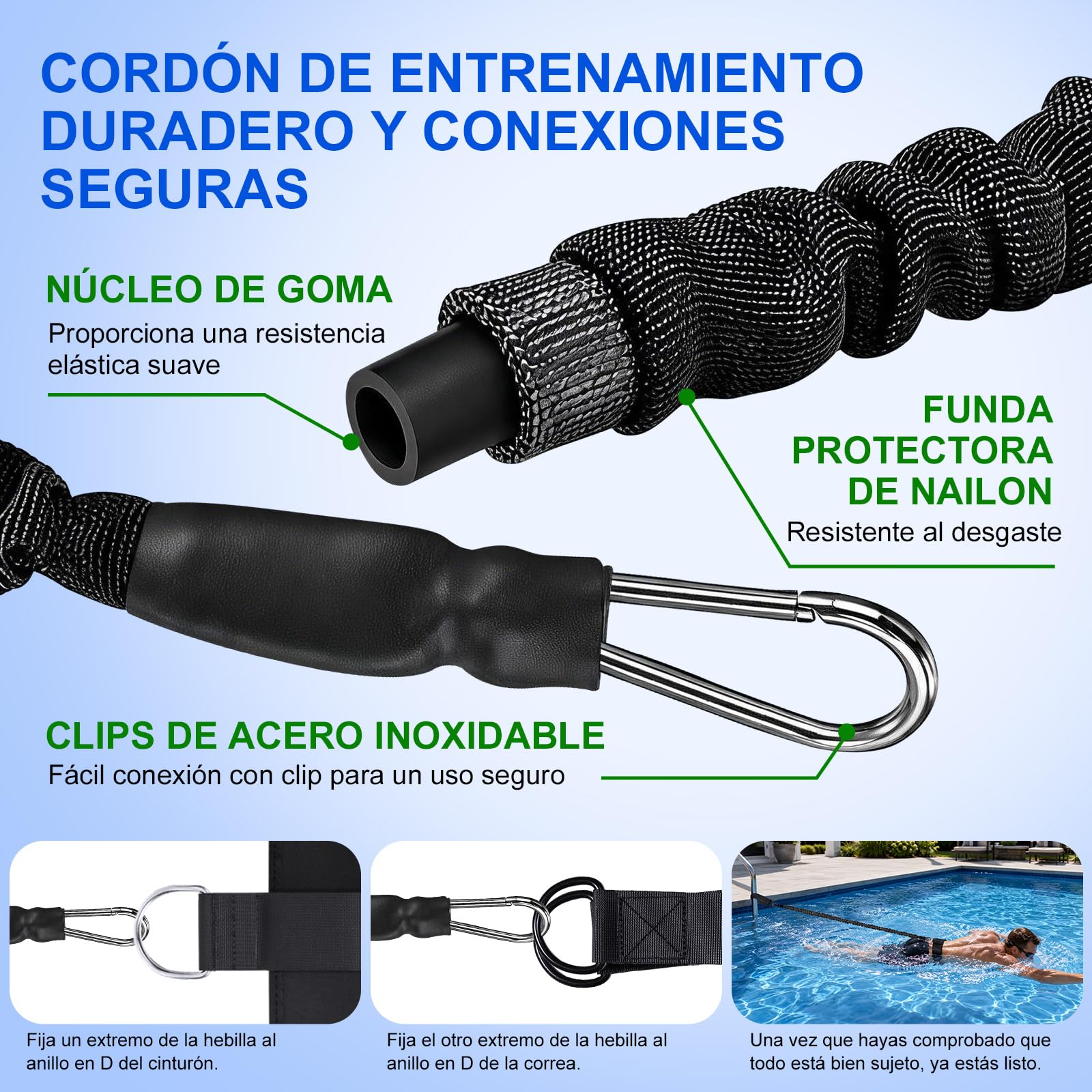 Cinturón de natación para Piscina, Ayuda de natación para Adultos, cinturón de natación para Adultos, Resistencia de natación con 2,5 – 7,5 m, Cuerda de natación Ajustable para Cualquier Piscina sin