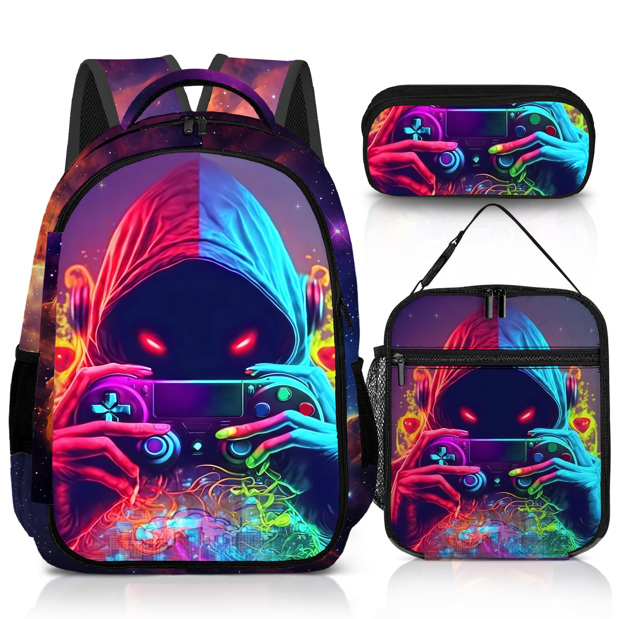 jvycjlu Game Backpack Set for Boys, Gaming Backpack 3 Pack, Boys Lunch Box, and Pencil Bag for Kids, 17"