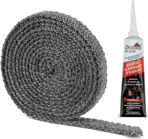 Stanbroil Sello de cuerda plana de fibra de vidrio impregnado de grafito y kit de junta de cemento de alta temperatura de repuesto para estufas de