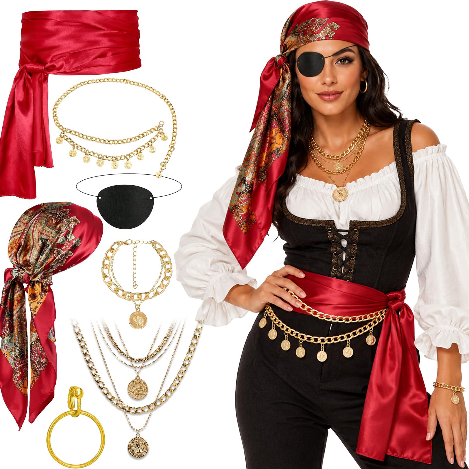 7 Pcs Pirate Costume Accessories Set, Scarf, Sash and Gold Tone Jewelry