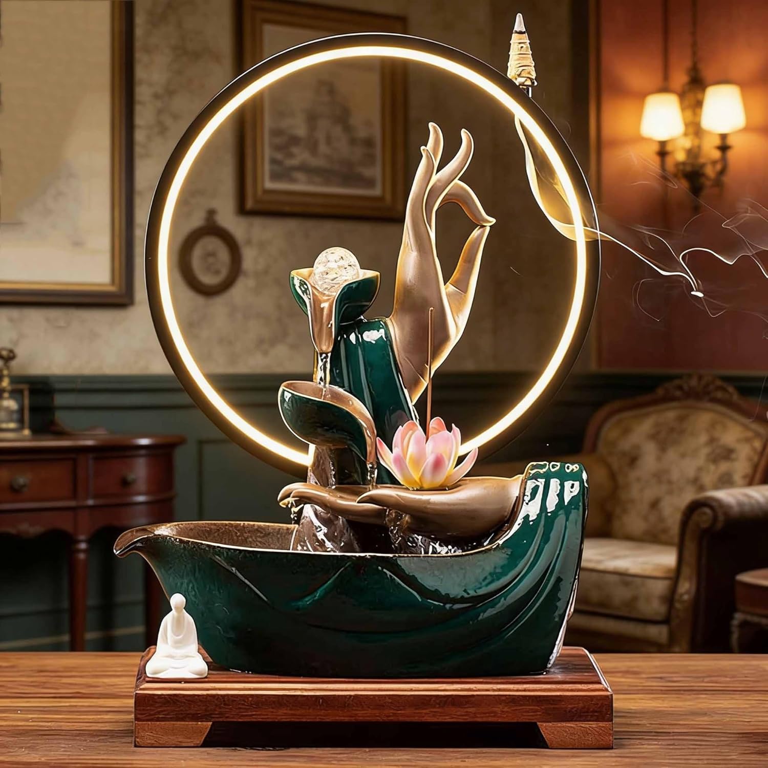 Waterfall Incense Holder Burner Fountain, Chinese Style Meditation Desk Fountain with LED Light Ring, Zen Ceramic Fountain Kit for Home, Office, Decor, Yoga(A)