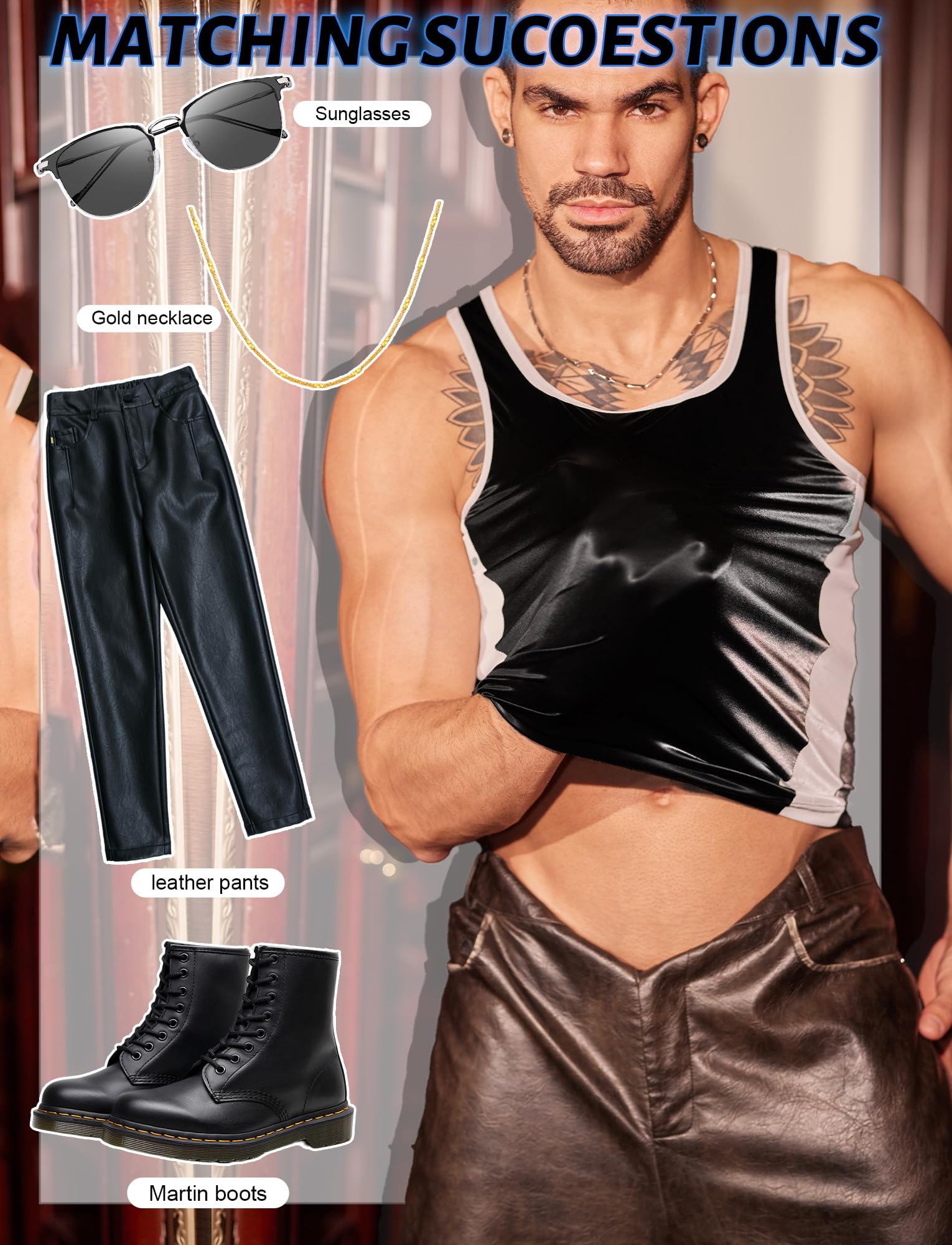 FEOYA Débardeurs sans manches pour hommes en cuir PU Muscle Fit Gilet Hauts Hommes Sexy Similicuir effet mouillé Chemises Quotidien Sport Vêtements de nuit Gilets