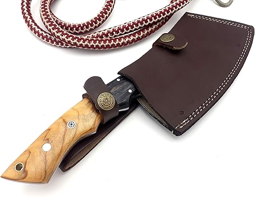 Miniatura 7 de CK-58 Cuchillo de carnicero de espiga completa hecho a mano, cuchillo de chef de cocina forjado 256 capas de acero de Damasco con funda de cuero, 11