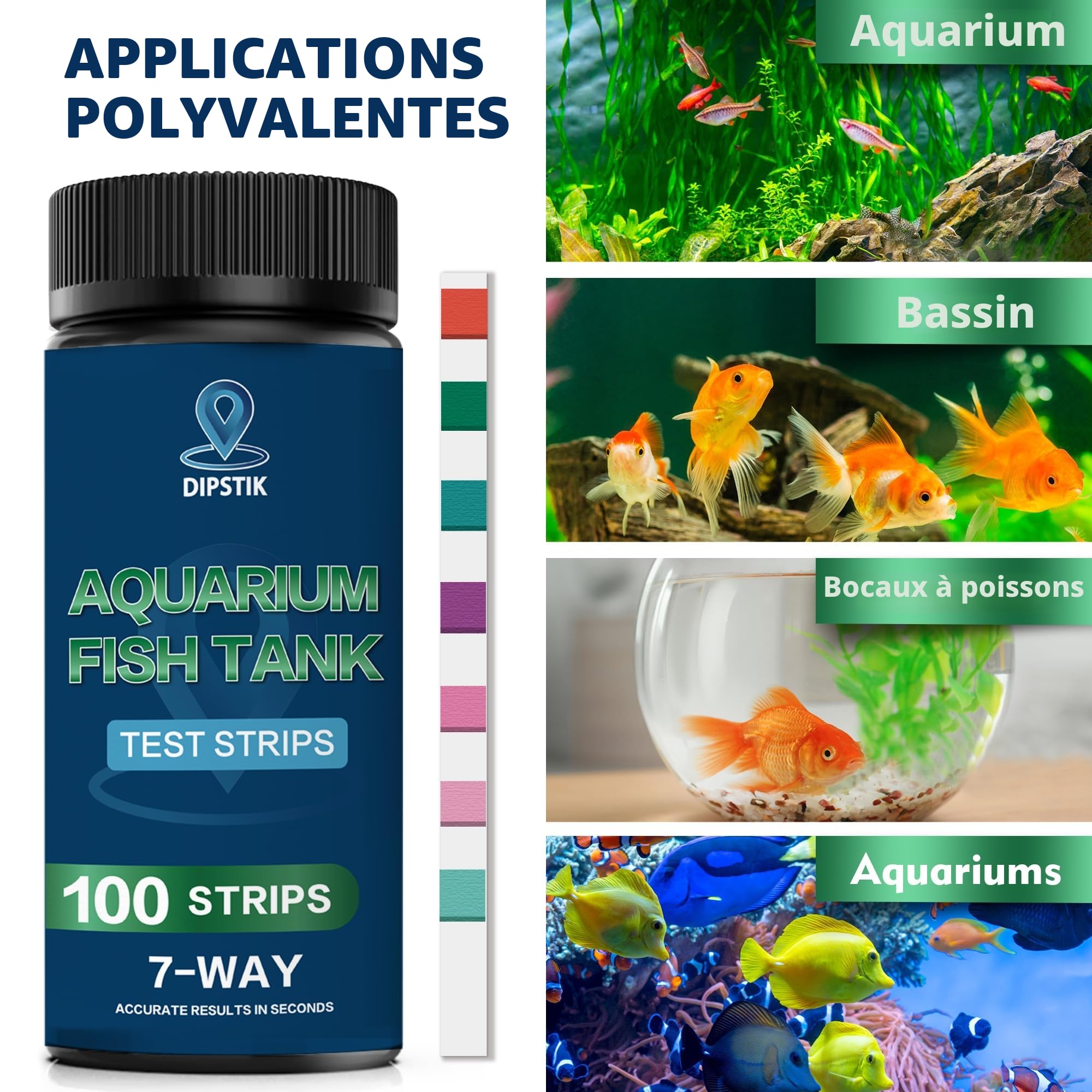 Test d'eau pour Aquarium, Bandelette de Test Eau 7 en1 Pour Alcalinité Totale,Dureté Totale, Dureté Carbonatée, PH, Nitrite, Nitrate, Chlore (100 Bandelettes)
