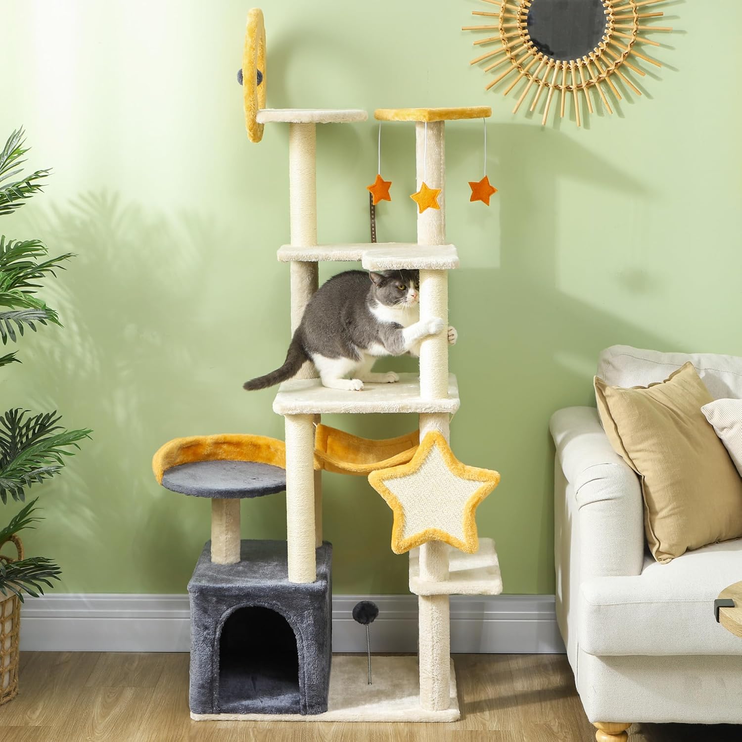 PawHut Cat Tower, 63 Inch Tree for Large Adult Indoor Cats with Scratching Post, Hammock, Condo, Bed, Scratching Board & Toys, Moon and Star Themed Cat Tree Tower, Beige