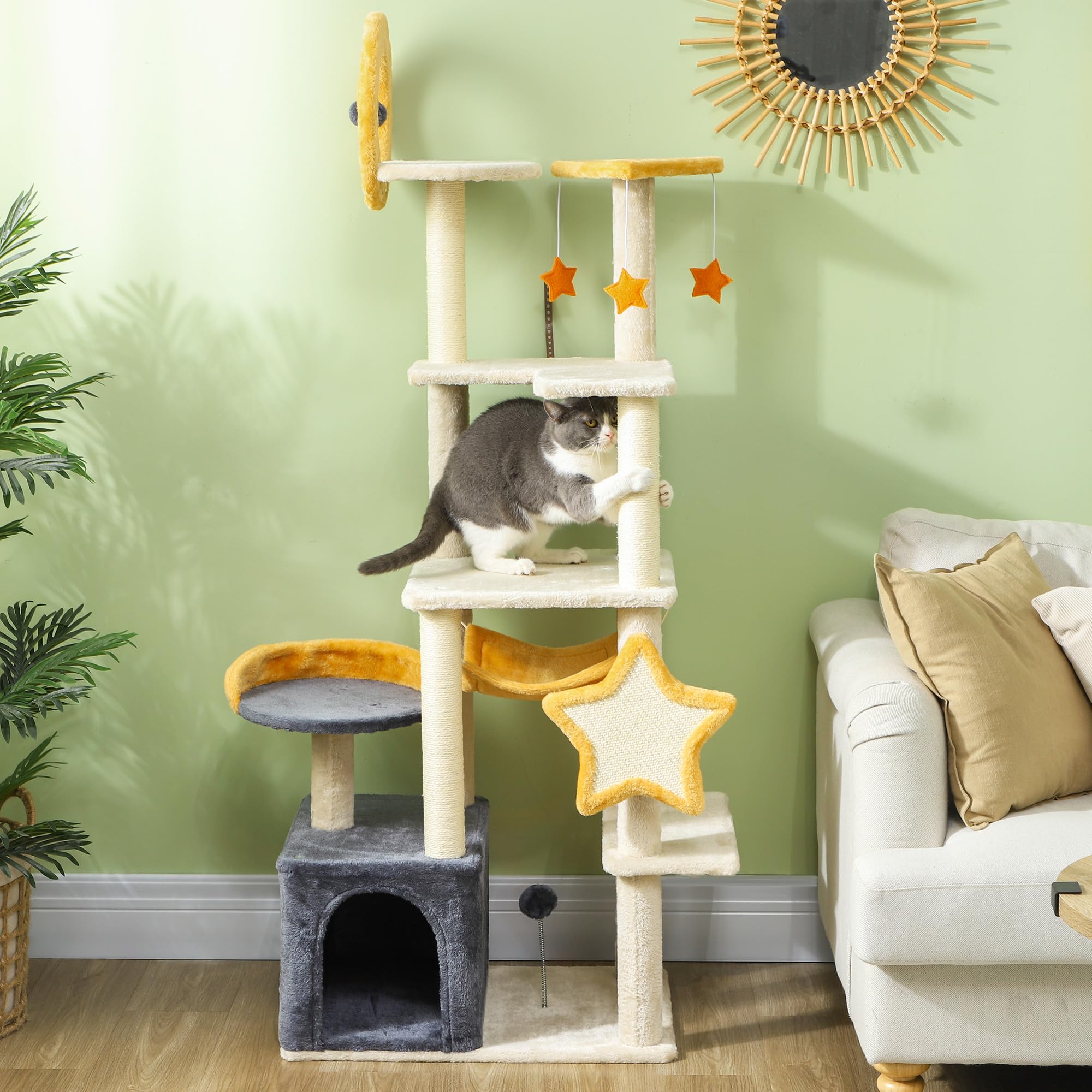 PawHut Cat Tower, 63 Inch Cat Tree for Large Adult Indoor Cats with Cat Scratching Post, Cat Hammock, Condo, Bed, Scratching Board & Cat Toys, Moon and Star Themed Cat Tree Tower, Beige