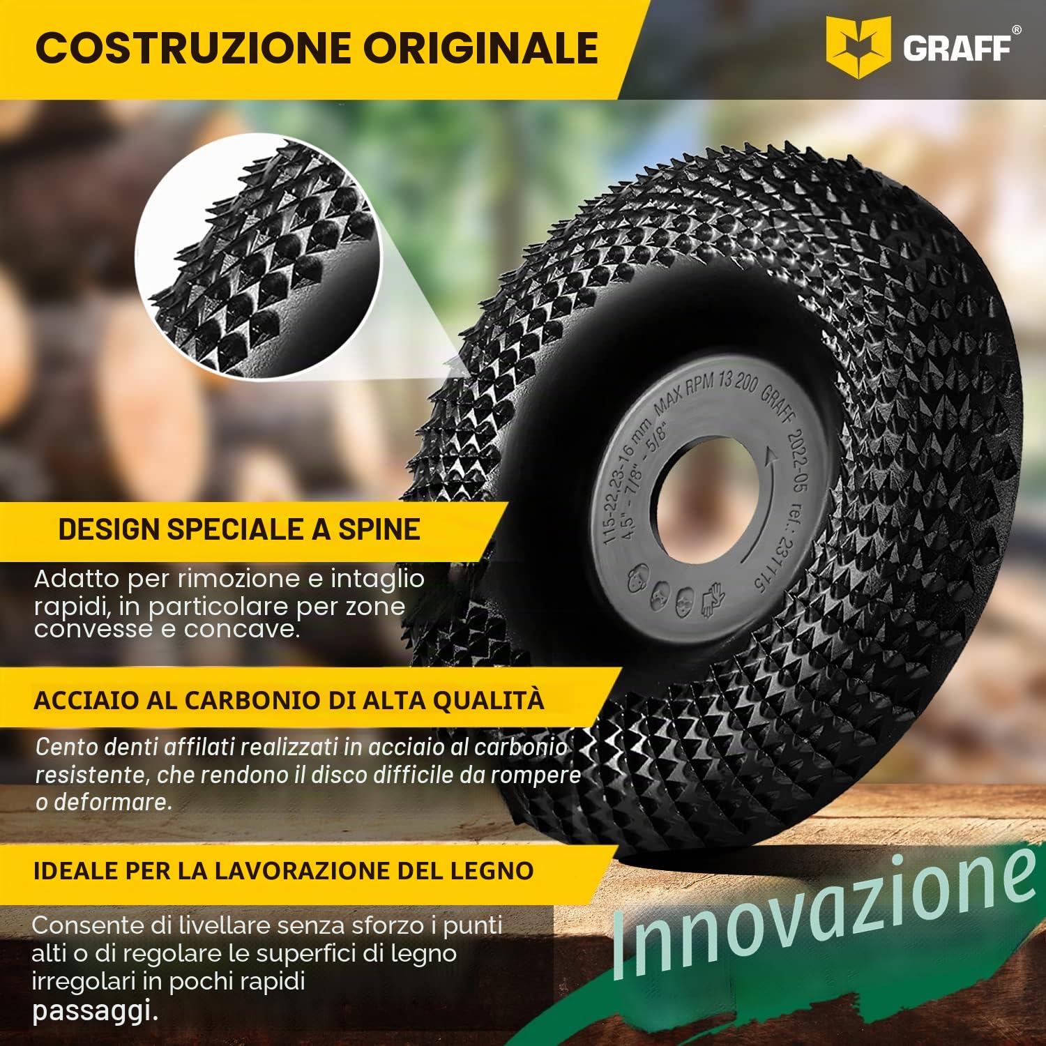 Intaglio Legno Mola Disco 115mm x 22.23mm – Disco Raspa per Intagliare e Levigatura Legno Conifere, Duro – Disco Abrasivo Lucidatura Modellatura – Mola per Smerigliatrice Angolare GRAFF