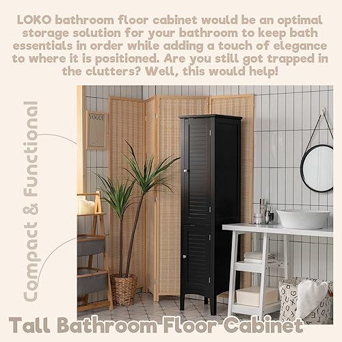 Miniatura 4 de LOKO Armario de suelo de baño alto, gabinete de almacenamiento independiente multifuncional con puertas, torre de lino estrecha para baño, sala de
