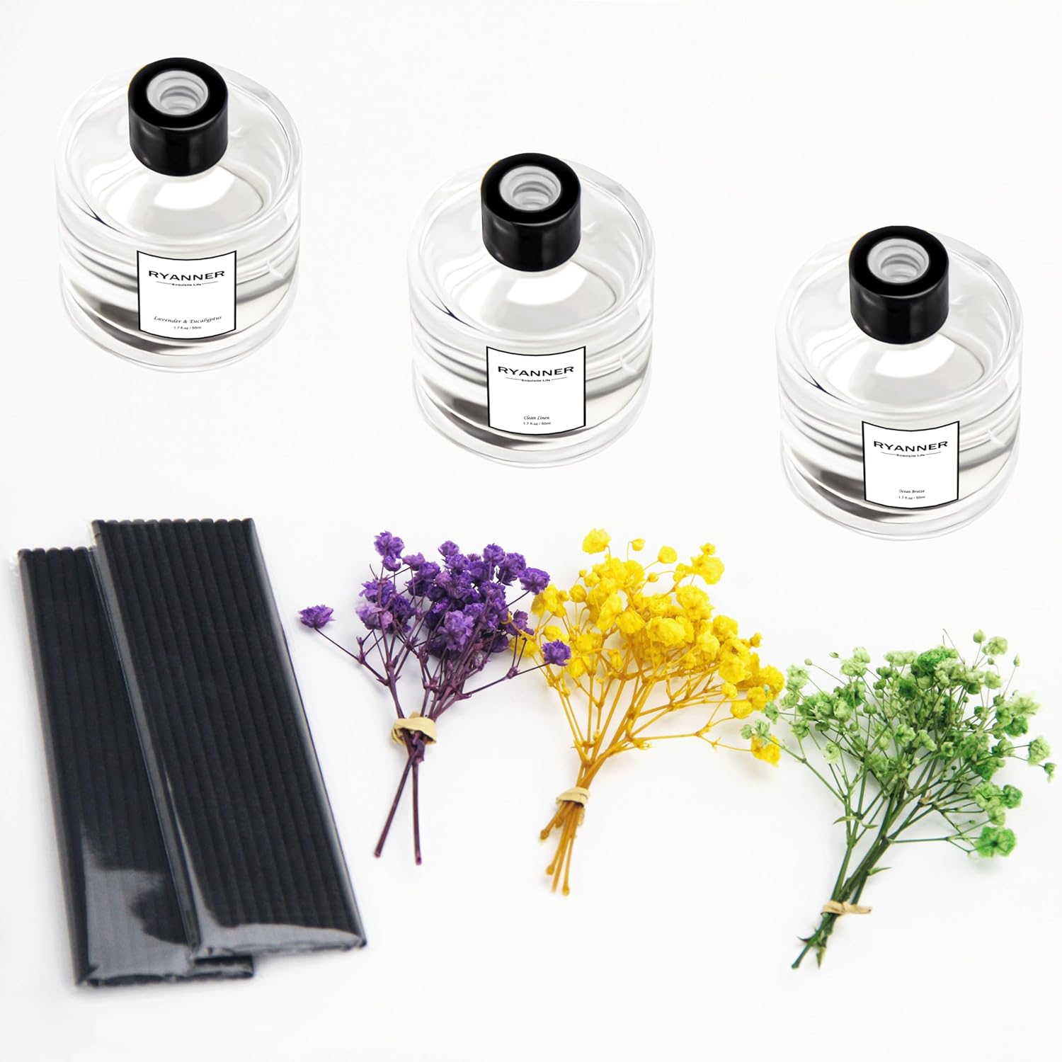 Reed Diffuser Set of 3 Pack,Clean Linen/Lavender Eucalyptus/Ocean Breeze Scented Oil Diffuser with 24 Sticks(1.7 fl oz Each Pack),Air Freshener for Bedroom Bathroom Office | Shelf Decor