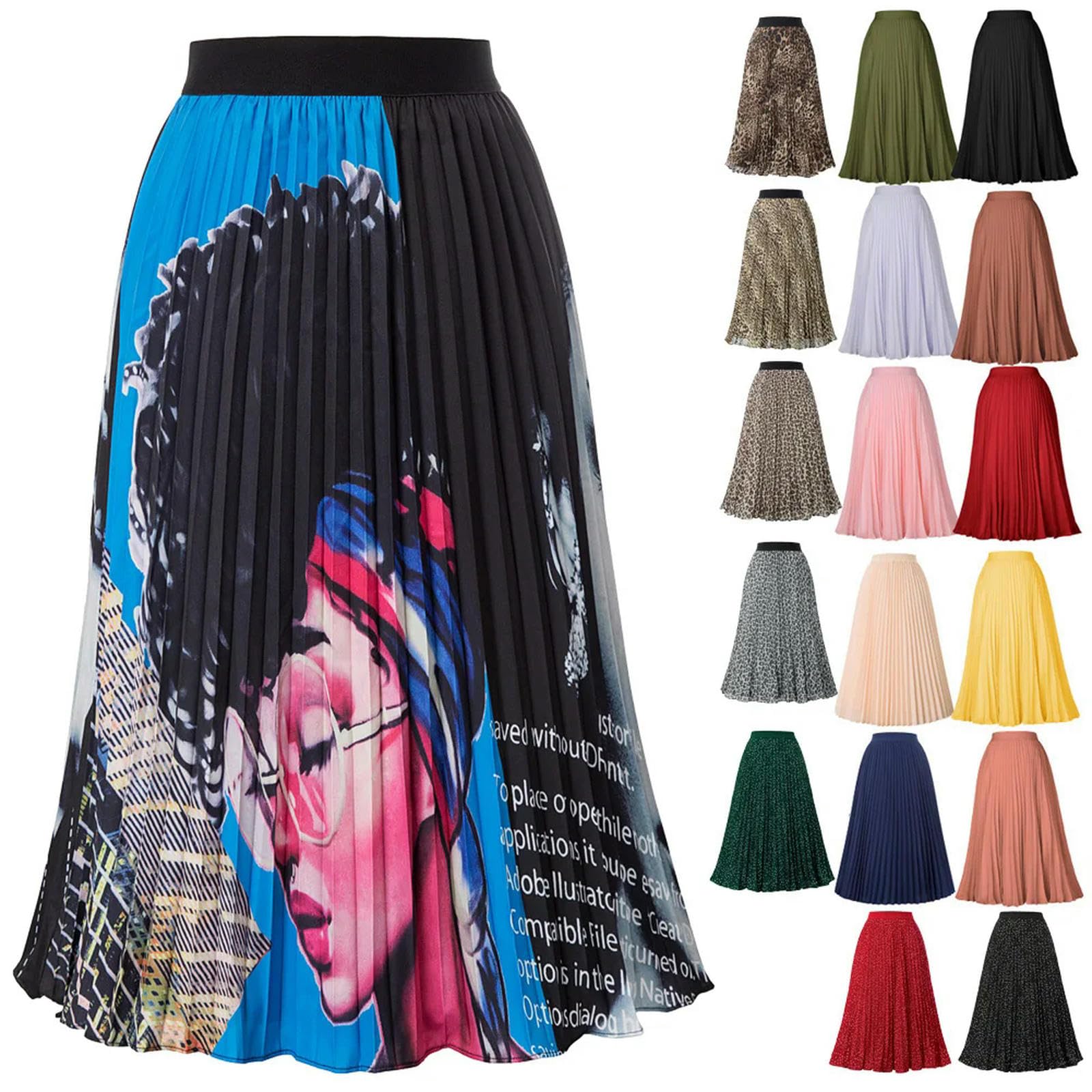 Falda Larga de Mujer para Fiesta de Verano, Elegante, Estilo Skater, Elegante, a la Moda, de Cintura Alta, Plisada, con Vuelo, Falda de Corte A para Mujer, Color Negro, XXL