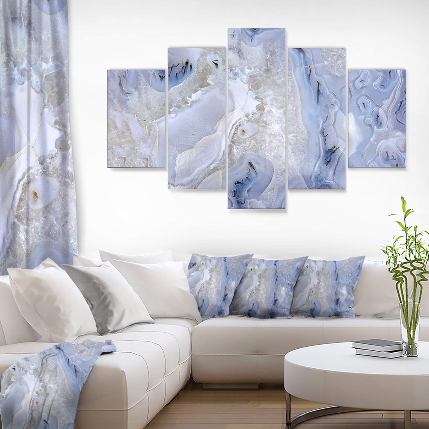 Designart Agate Stone Background-Abstract Canvas Metal Wall Art, 60 x 32 in-5 Panels Diamond Shape, White