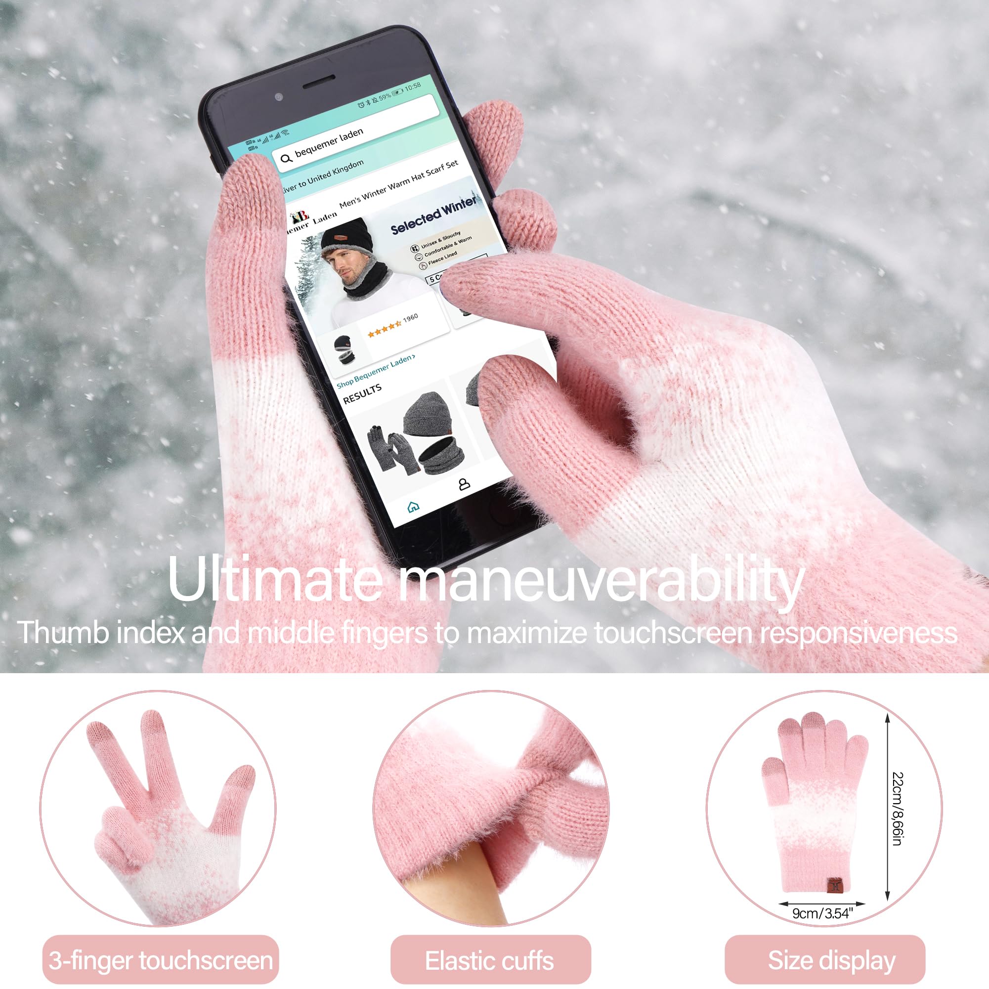 Damen Winter Warm Mütze Touchscreen Handschuhe und Lang Schal Set mit Fleece Gefütterte, Thermo Wintermütze Strickmütze Beanie Winterhandschuhe Strickhandschuhe Schals Frauen Geschenk Weihnachten