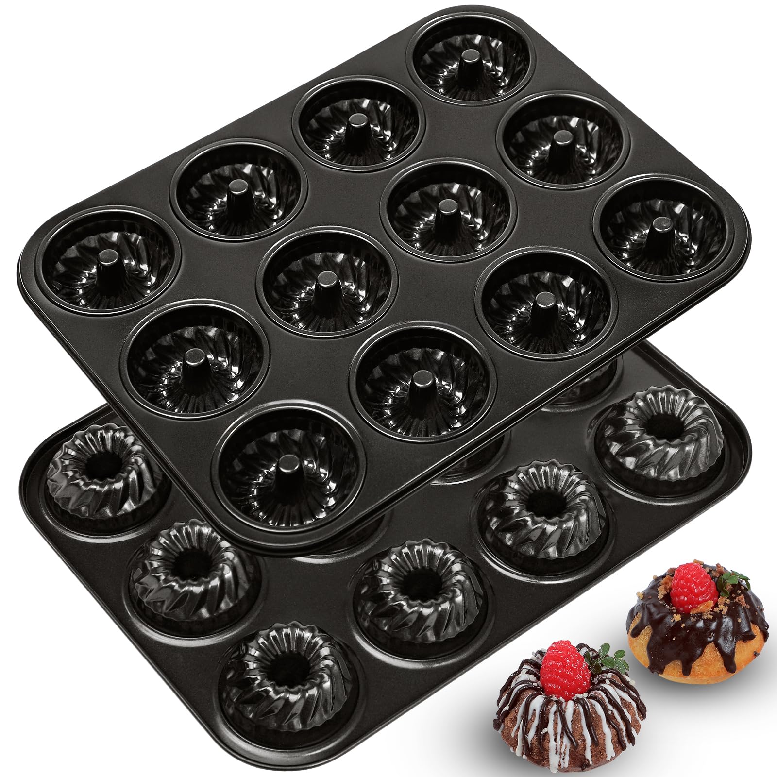Webake 2 Pack Mini Fluted Tube Cake Pan, Non-Stick 2.8 Inch Cake Pans, Heavy Gauge Carbon Steel 12-Cavity