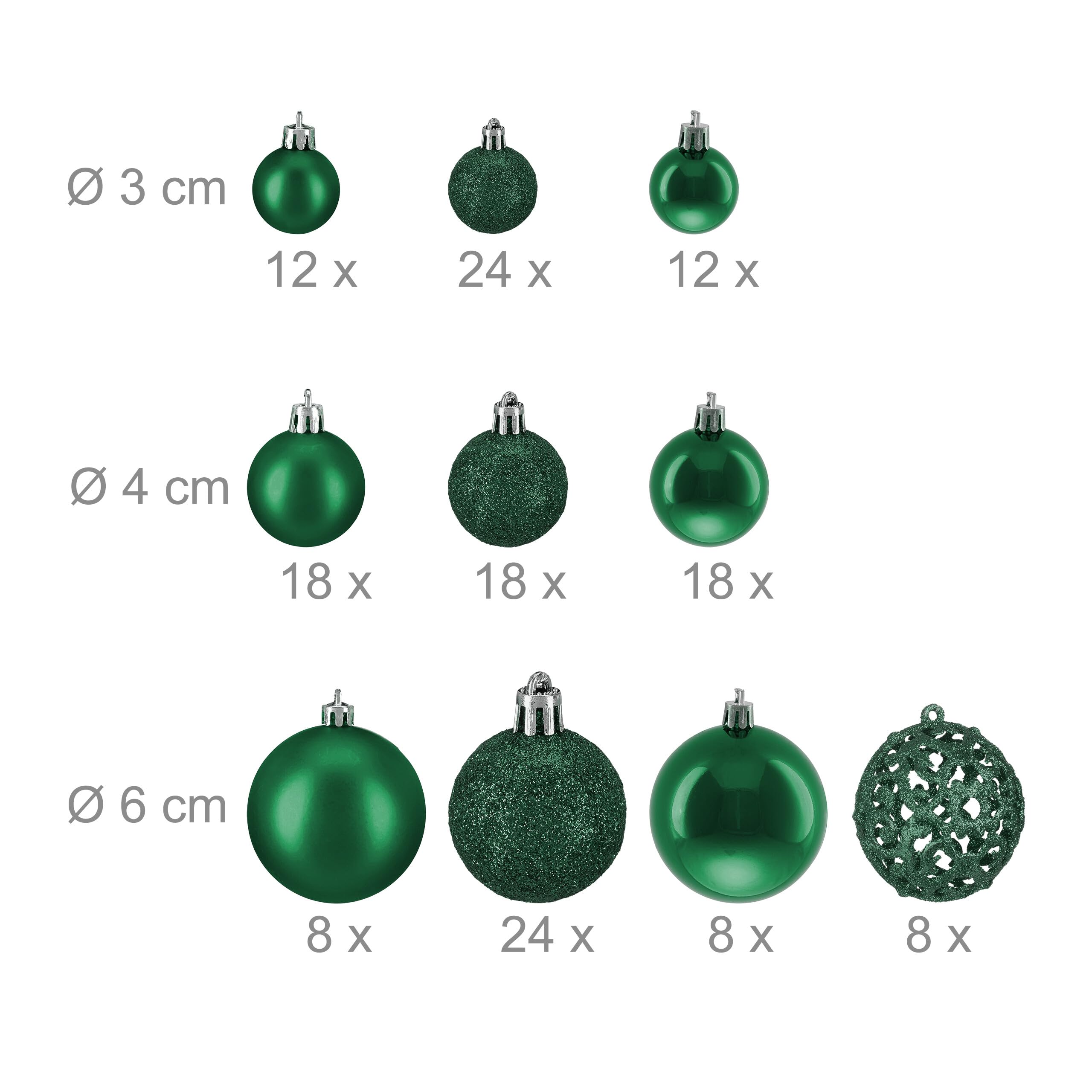 Relaxdays Set da 150 Palline di Natale, Addobbi Natalizi, Opache, Lucide, Glitterate, ∅ 3,4 e 6 cm, Decorazioni, Verde