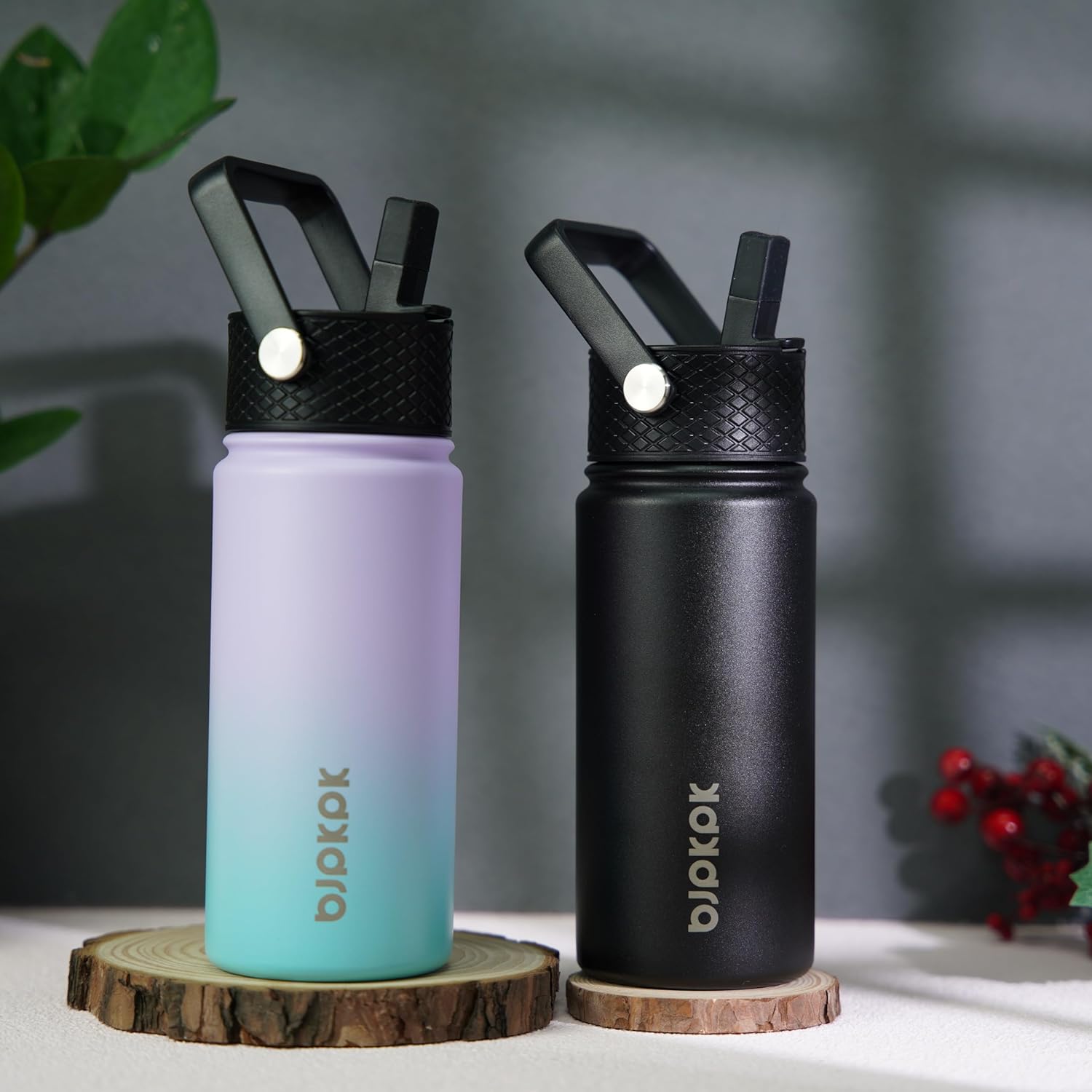 BJPKPK 2 Pack Insulated Water Bottles with Straw Lids, 18oz Stainless Steel Metal Water Bottle with 6 Lids, Leak Proof BPA Free Jugs, Cups, Flasks for Travel, Sports (Lavender Green+Black) - Image 5