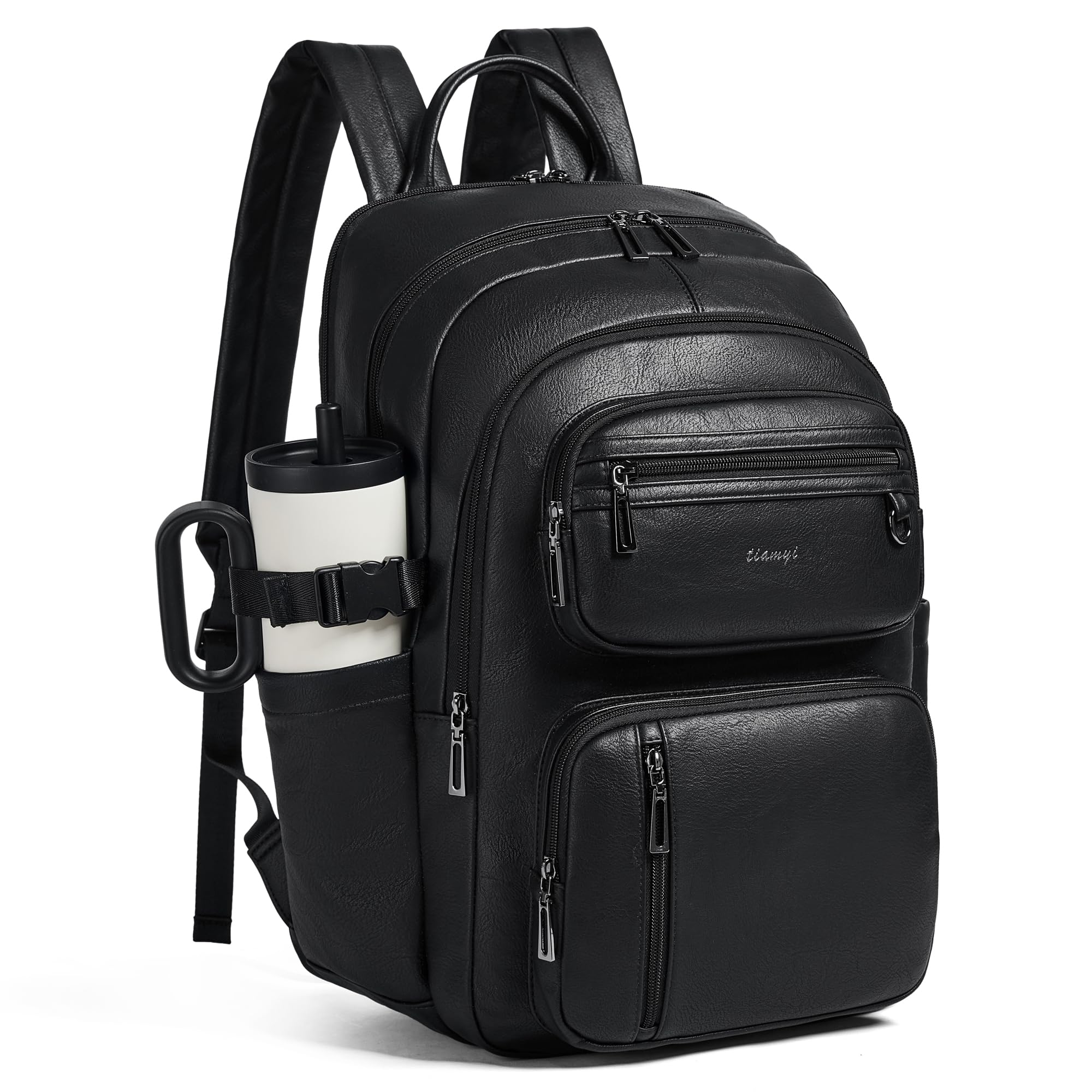 Mochila de cuero vegano, mochila de viaje TSA para hombres y mujeres, se adapta a laptop de 17.0 pulgadas con correa de equipaje, color negro