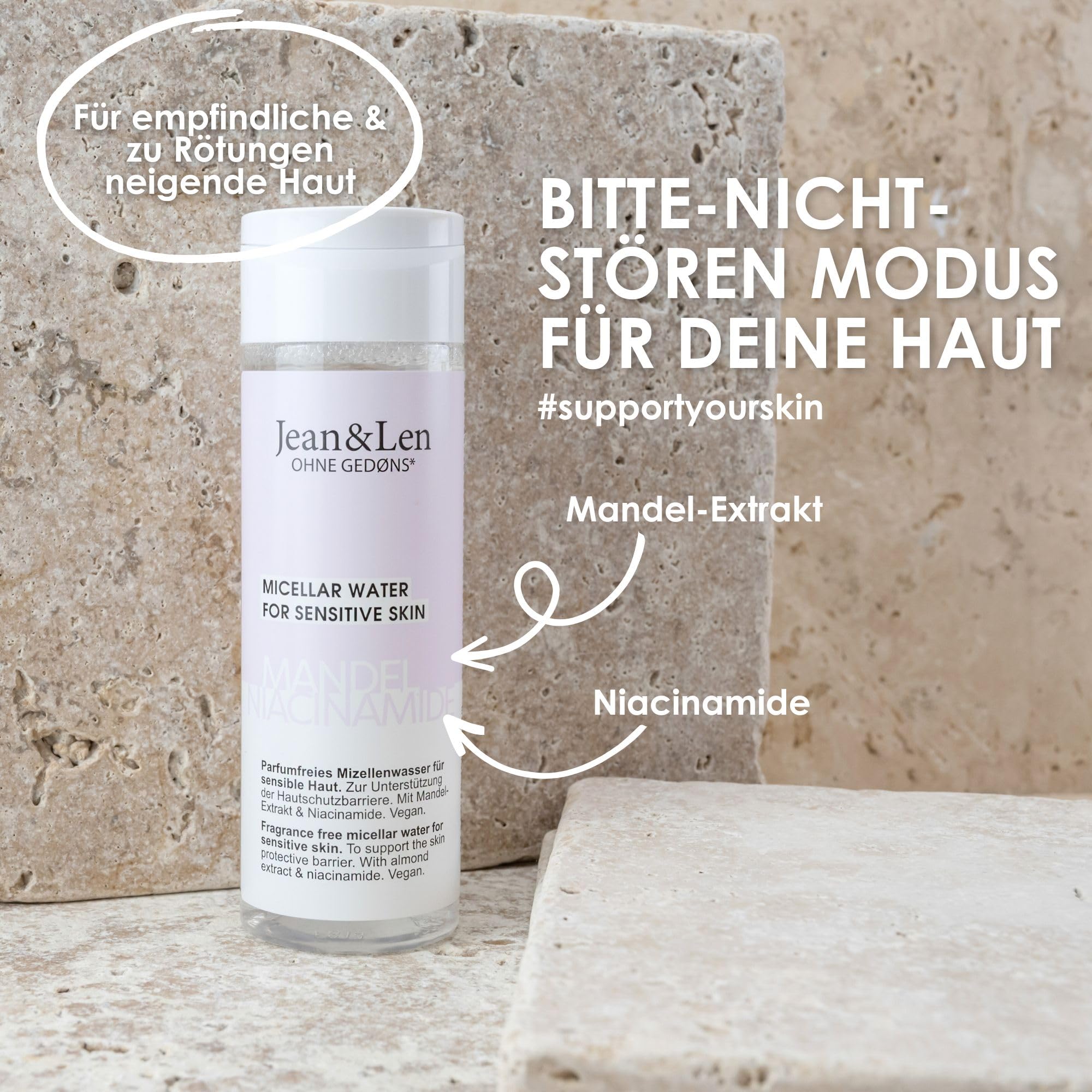 Jean & Len Woda micelarna bez perfum, migdał i niacynamid, nadaje się do skóry wrażliwej, pomaga w łagodzeniu skóry, delikatnie oczyszcza skórę, bez parabenów i silikonów, wegańska, 200 ml