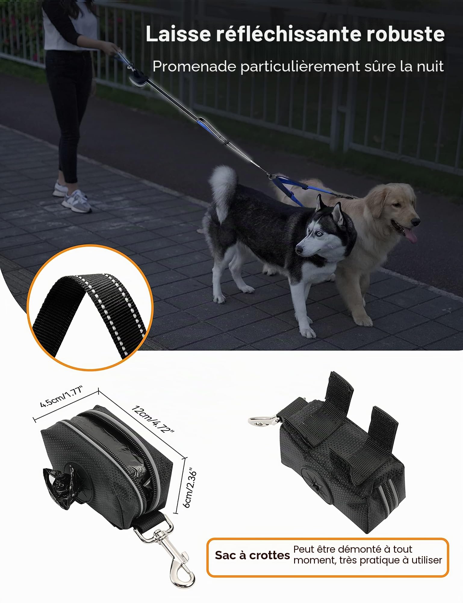 YOUTHINK Laisse Double pour 2 Chiens, Laisse de Dressage Réglable, Élastique 2m Réfléchissant en Nylon, 360º sans Enchevêtrement