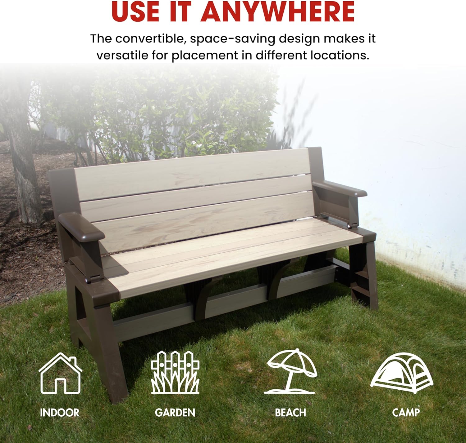 Convert-a-Bench Gen 1 2-in-1 Outdoor Convertible Bench to Picnic Table | Space-Saving, Weather-Resistant Patio Furniture for Yard Deck Garden | Easy Assembly & Durable - 1 bench/Order, Mocha Driftwood