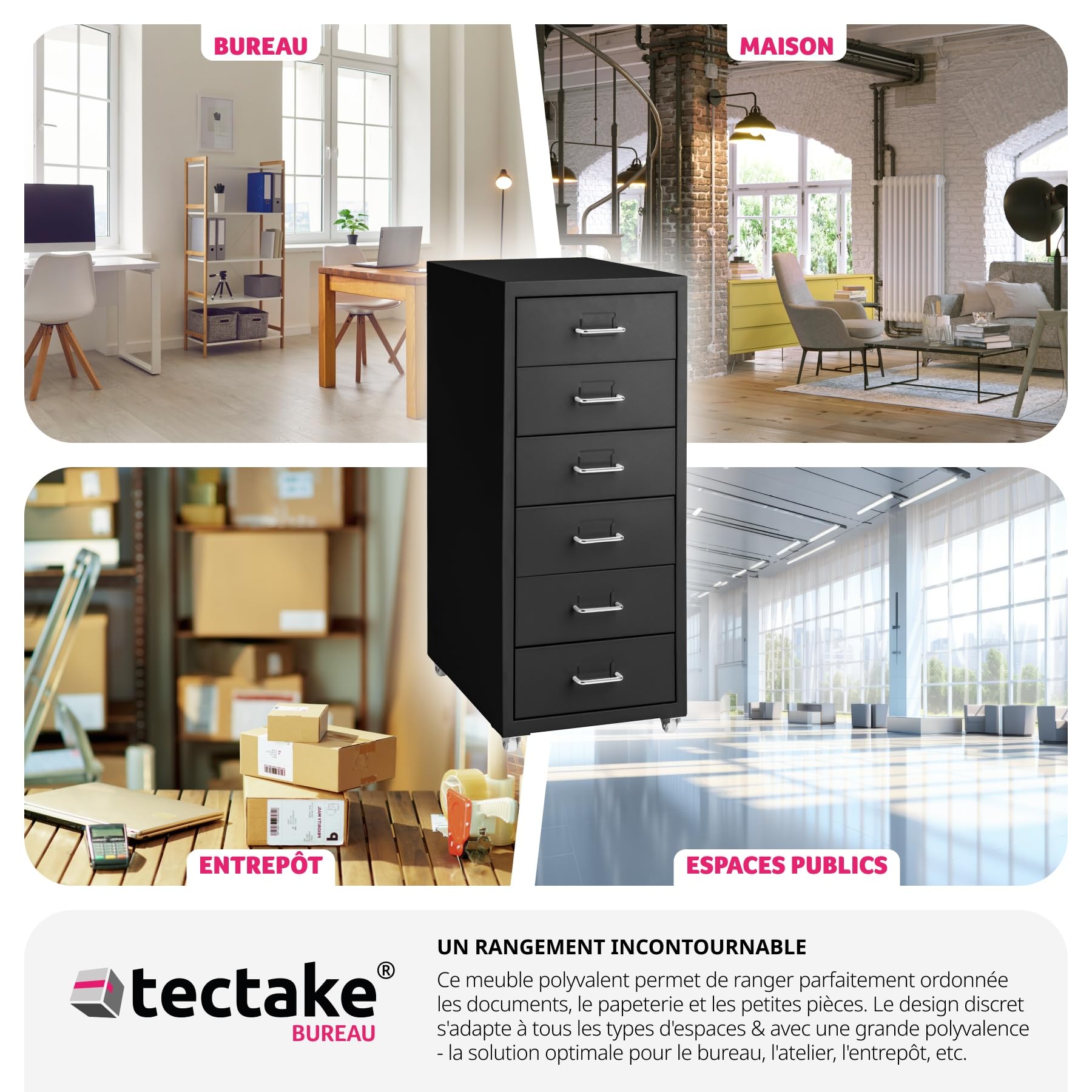 tectake® Caisson de Bureau Métallique Industriel 41 x 28 x 69 cm - Meuble de Rangement avec 6 Tiroirs pour Papier Administratif