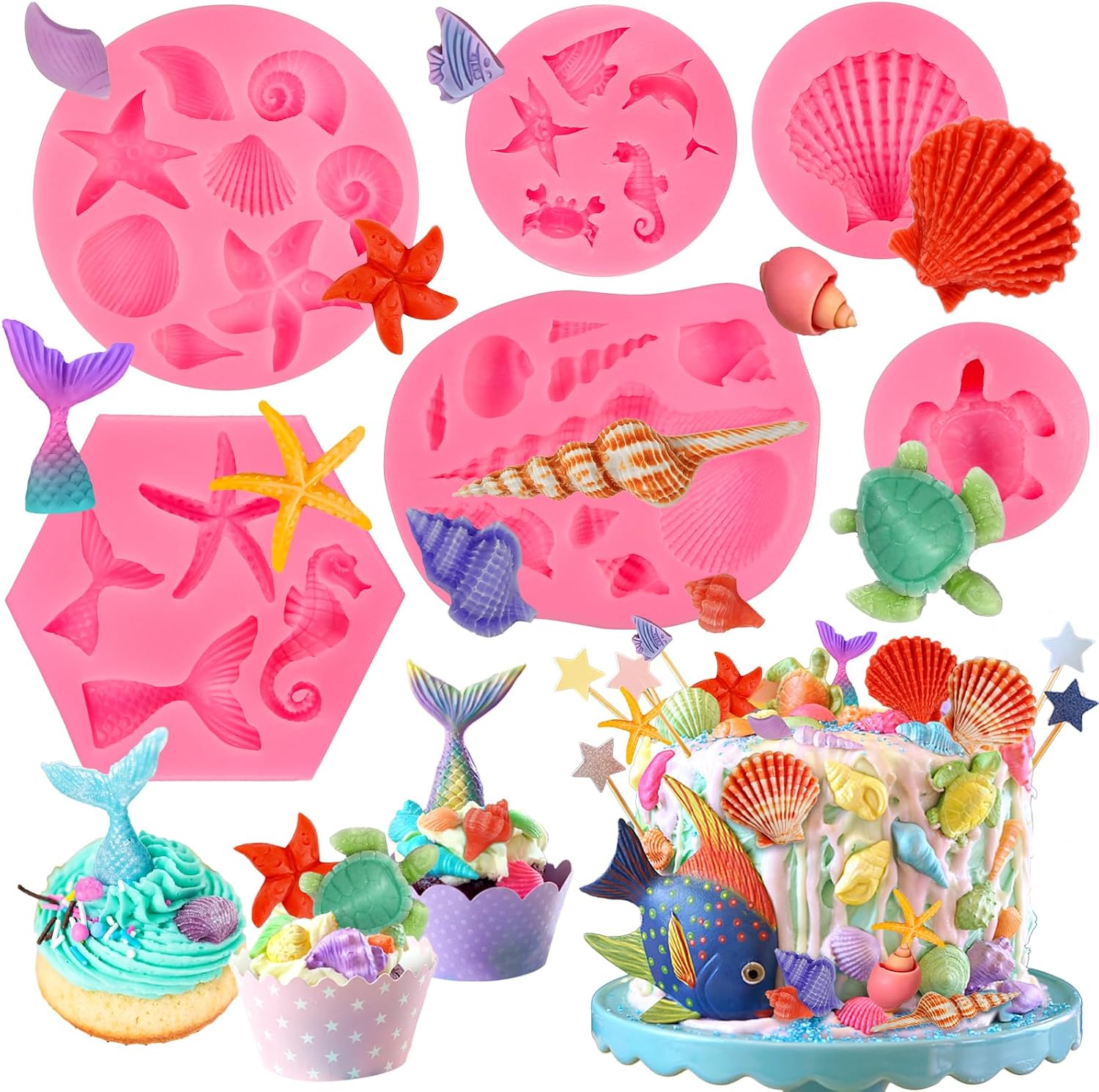 6 Pcs Marine Theme Silicone Mold Mermaid Tail Sea Turtle Fish Seashell Starfish Conch Seahorse Marine Animal Fondant Mold Set for Ocean Cake Decorations Chocolate Candy Resin Clay Birthday Party Decor
