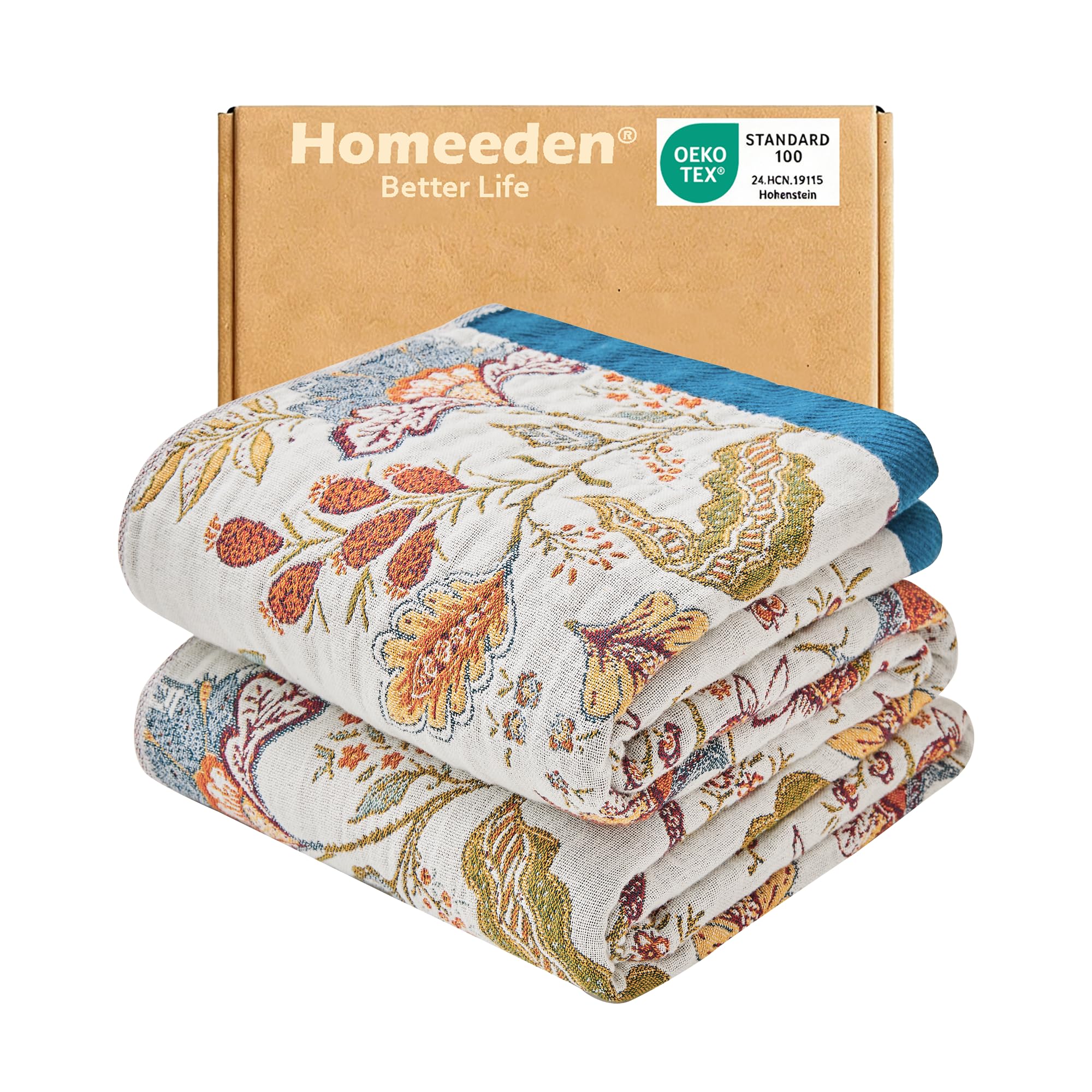 Homeeden 100% Cotton Sofa Throw Blanket, Bohemian Double-sided Large Soft Bed Blanket, Throw for Armchair Single 2 3 Seater Settees, Luxury Decorative Boho Bedspread-200x230cm White/Blue