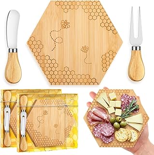 2 Set Bridal Baby Shower Prizes for Winners Honey Bee Cheese Board Party Gifts with Cheese Knive and Forks Box for Bee Baby Shower Themed Birthday Wedding Favors (Hexagon)