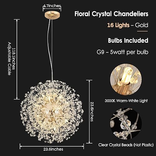 Miniatura 9 de Isamacc Candelabros modernos de cristal, lámpara colgante Sputnik grande de 16 luces para comedor, lámpara de fuegos artificiales cromada, lámpara